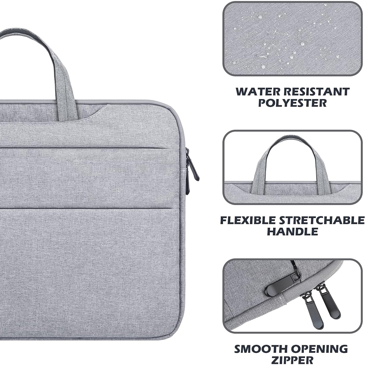 Eine graue Laptoptasche mit Griff, Reißverschluss und wasserabweisendem Polyestermaterial. Verfügt über einen flexiblen Griff und einen leichtgängigen Reißverschluss.
