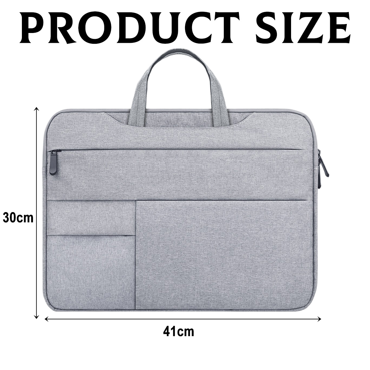 Eine graue Laptoptasche mit Griff. Sie ist 41 cm breit und 30 cm hoch. Die Tasche hat eine Vordertasche und einen Reißverschluss.