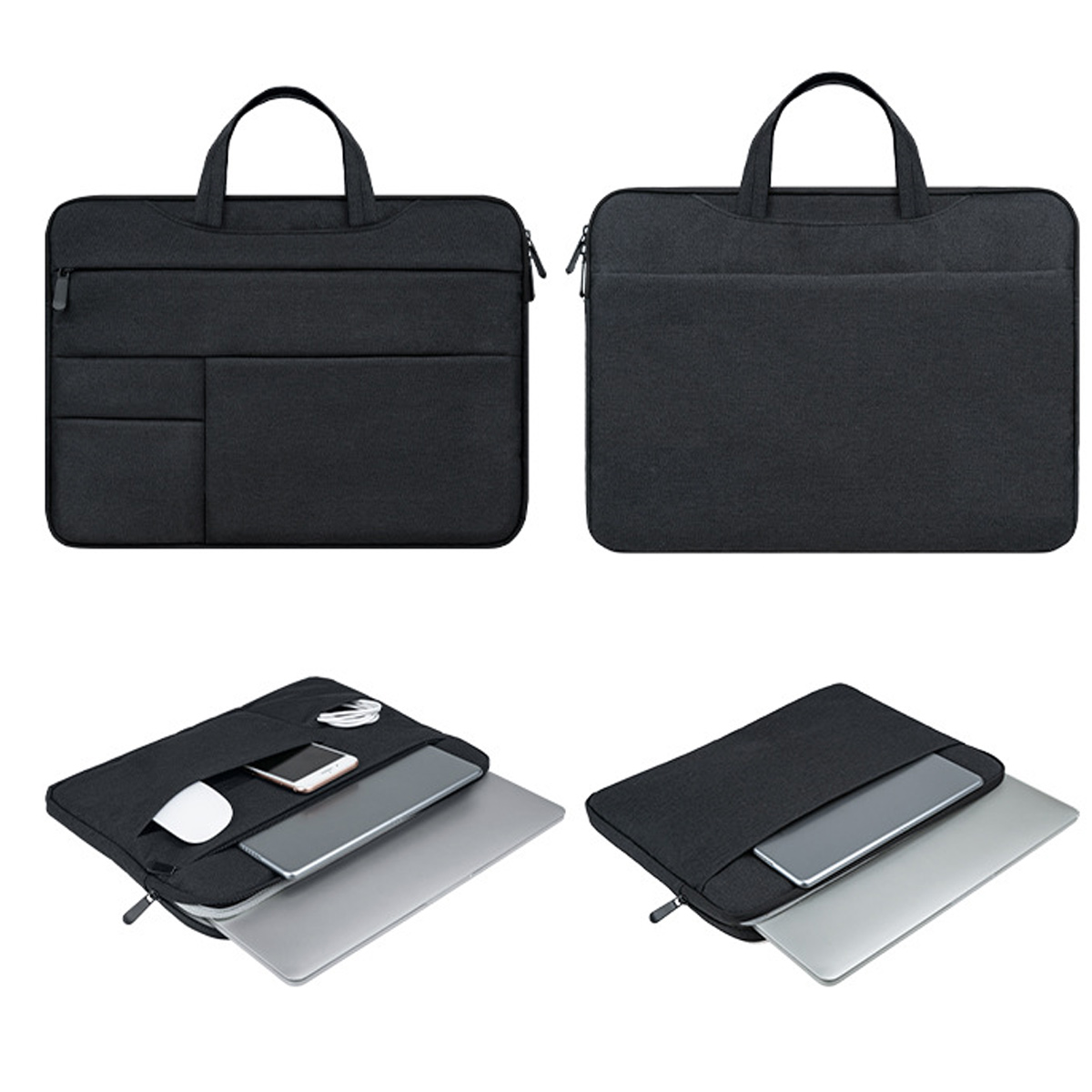 Vier schwarze Laptoptaschen. Zwei geschlossen, zwei offen mit Laptops und Zubehör. Griff oben, Reißverschluss.