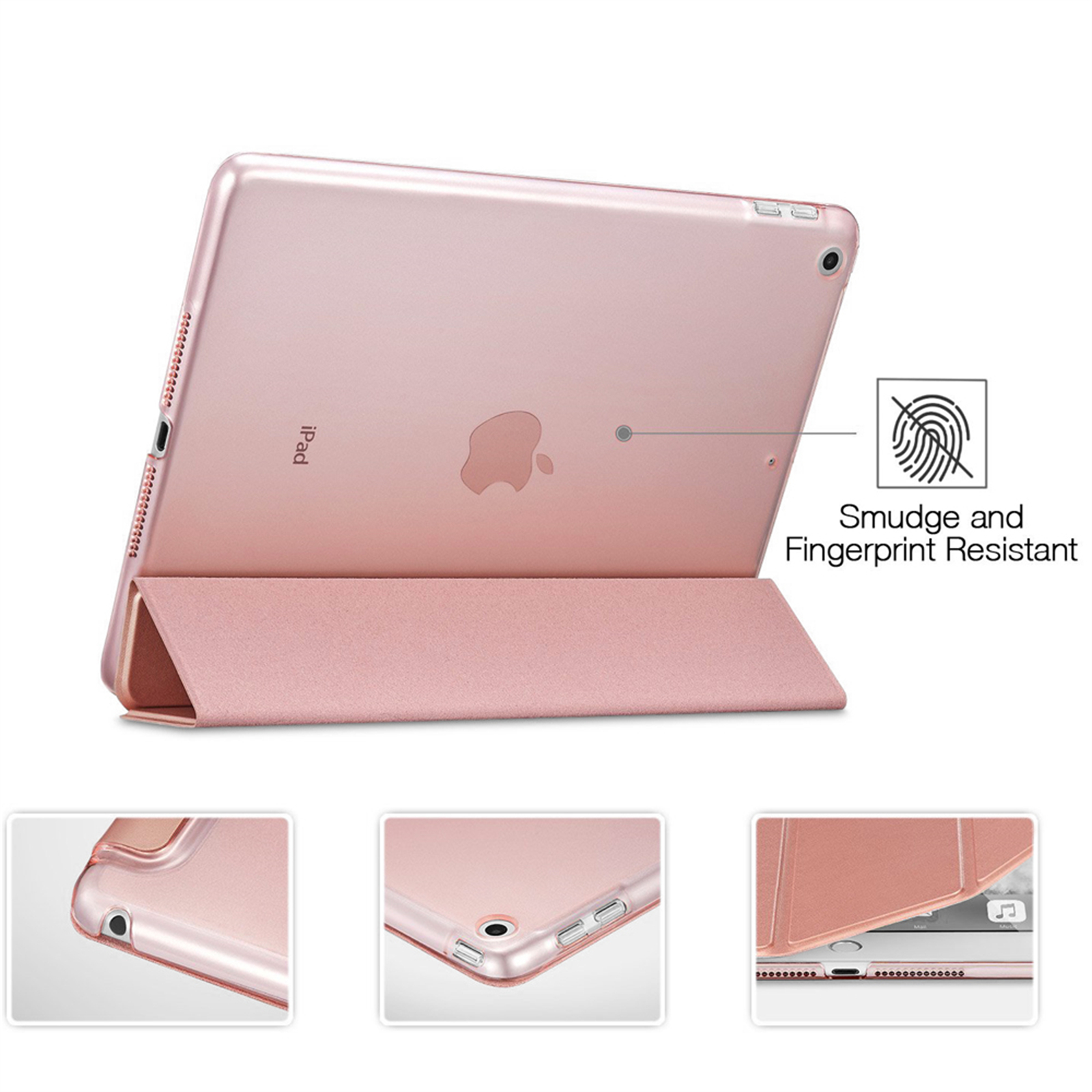 Ein roségoldenes iPad in einer passenden Hülle. Die Hülle ist gefaltet und zeigt den Bildschirm. Text: 'Wisch- und Fingerabdruckfest'.