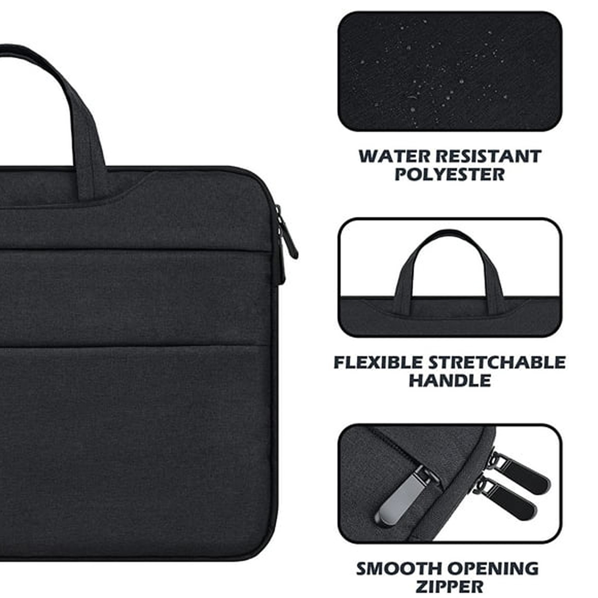 Schwarze Laptoptasche mit Griff und Reißverschluss. Merkmale: wasserabweisendes Polyester, flexibler Griff, leichtgängiger Reißverschluss.
