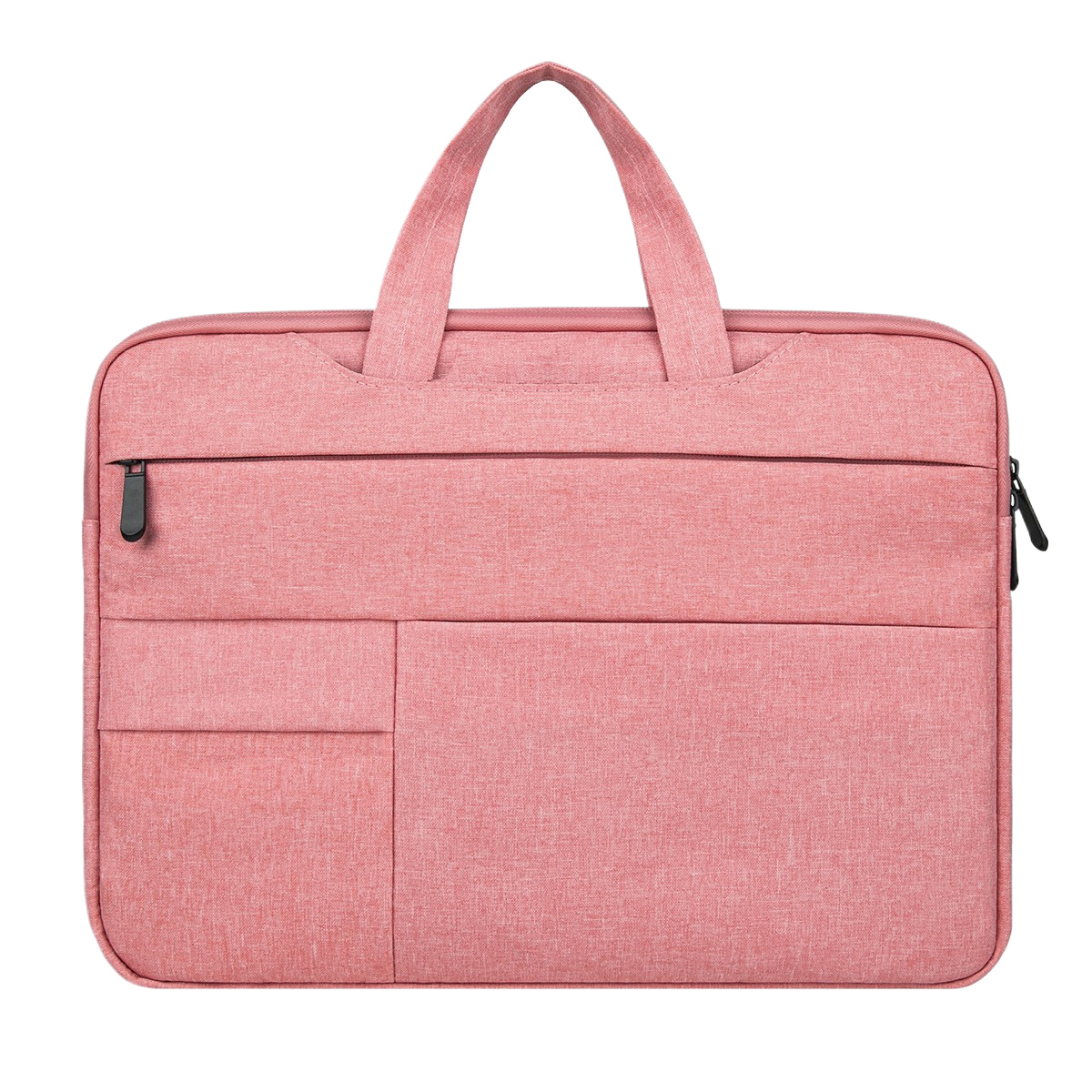 Eine pinkfarbene Laptoptasche mit Griff, Reißverschlüssen und Taschen. Sie ist rechteckig, hat strukturierten Stoff und einen weißen Hintergrund.