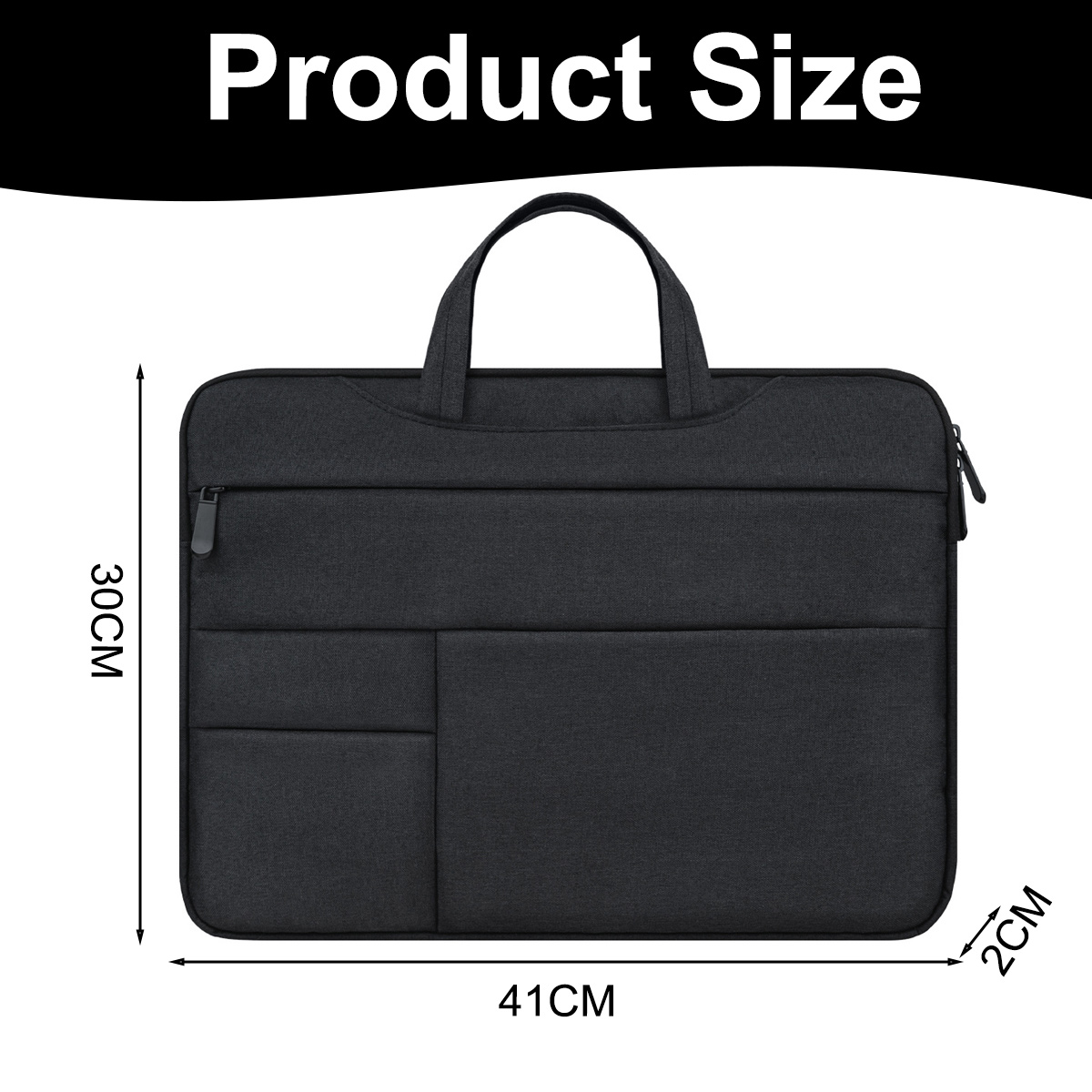 Schwarze Laptoptasche mit Griff. Abmessungen: 41cm breit, 30cm hoch, 2cm tief. Text 'Produktgröße' oben.