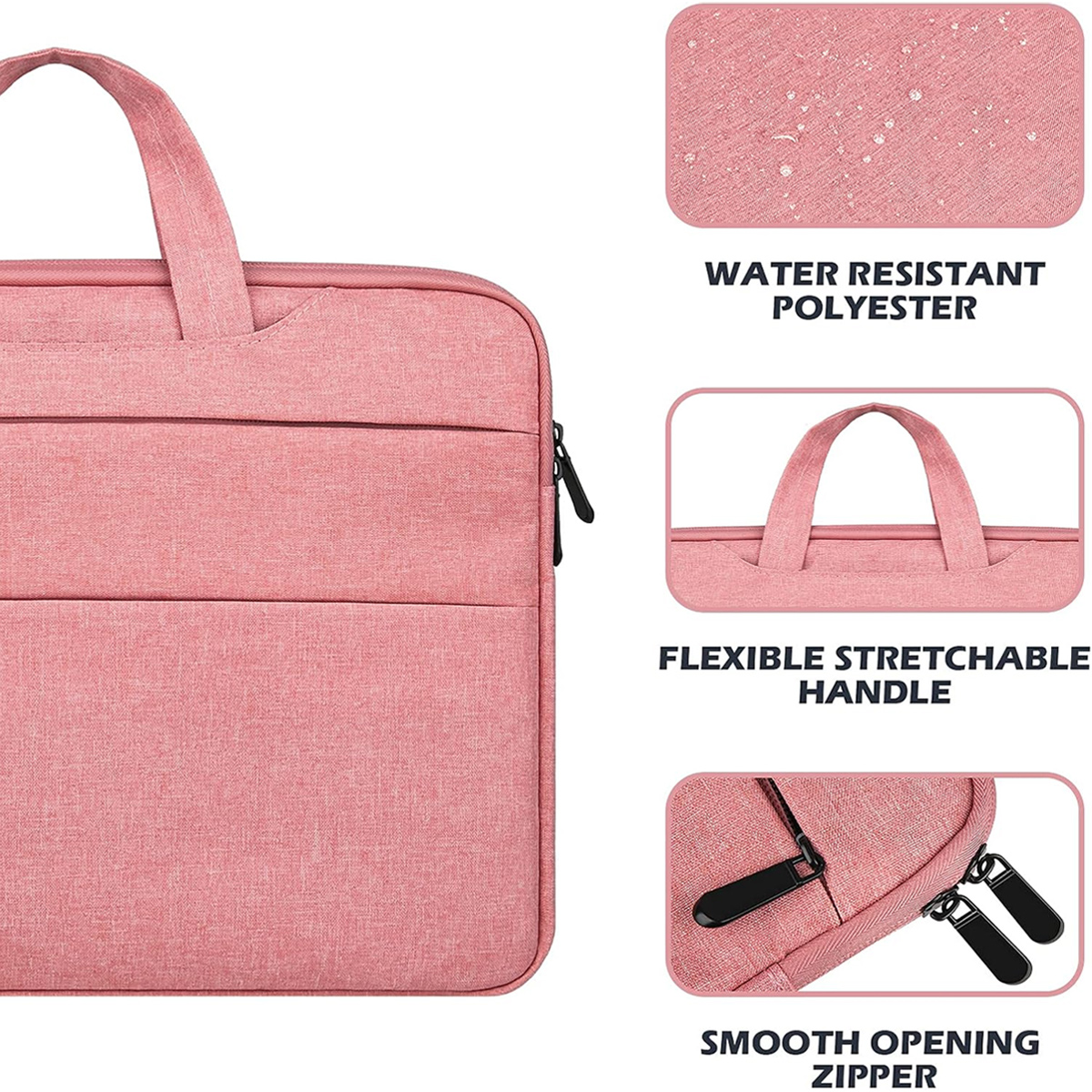 Rosa Laptoptasche mit Griff. Zu den Merkmalen gehören wasserabweisendes Polyester, flexibler Griff und leichtgängige Reißverschlüsse.