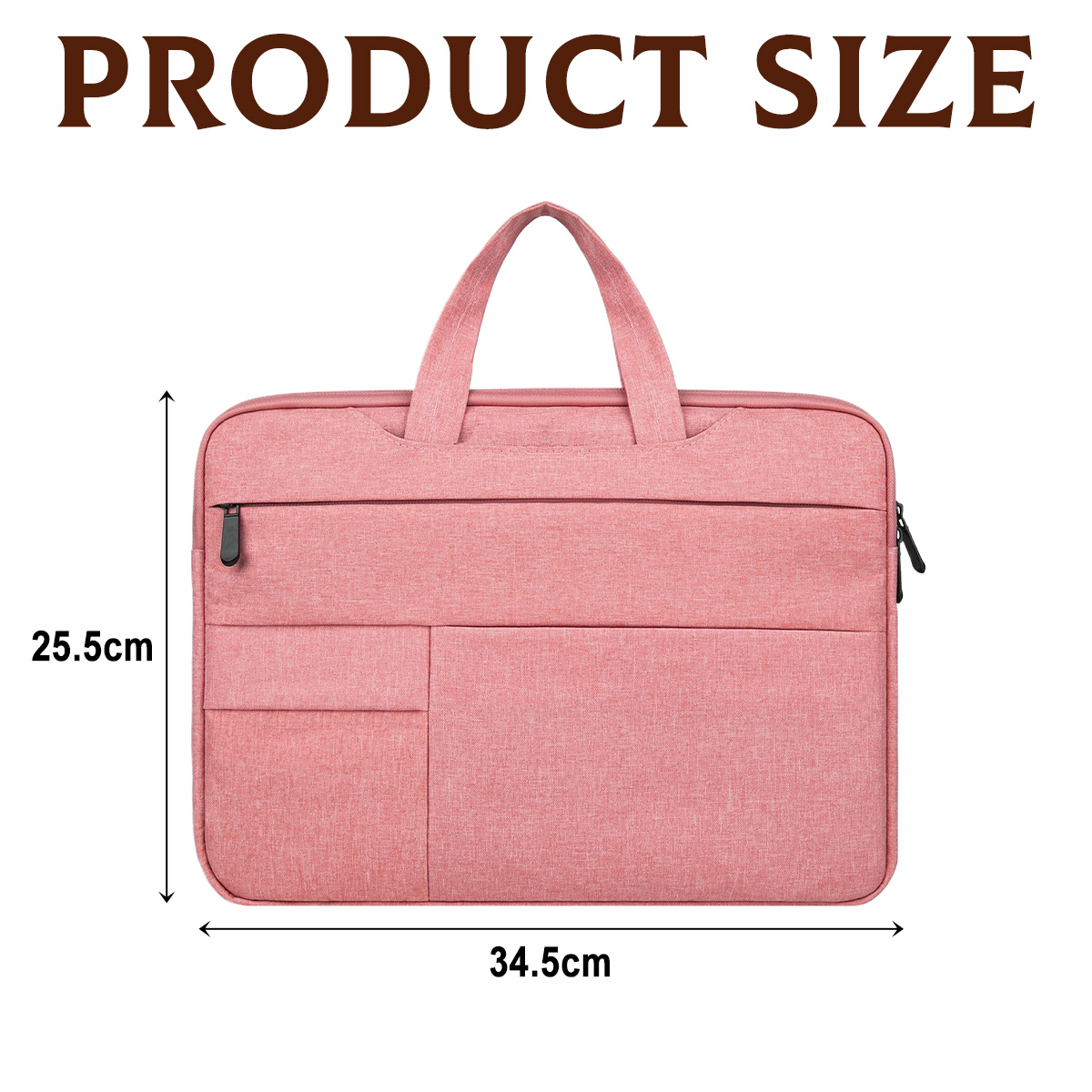 Eine rosa Laptoptasche mit den Maßen 25,5 cm x 34,5 cm. Oben steht 'PRODUKTGRÖSSE'. Die Tasche hat einen Griff und einen Reißverschluss.