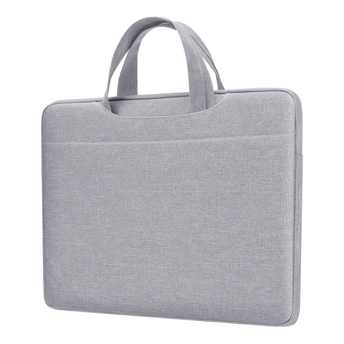 Eine graue Laptoptasche mit Griffen. Die Tasche ist rechteckig mit einer Tasche auf der Vorderseite. Der Hintergrund ist weiß.