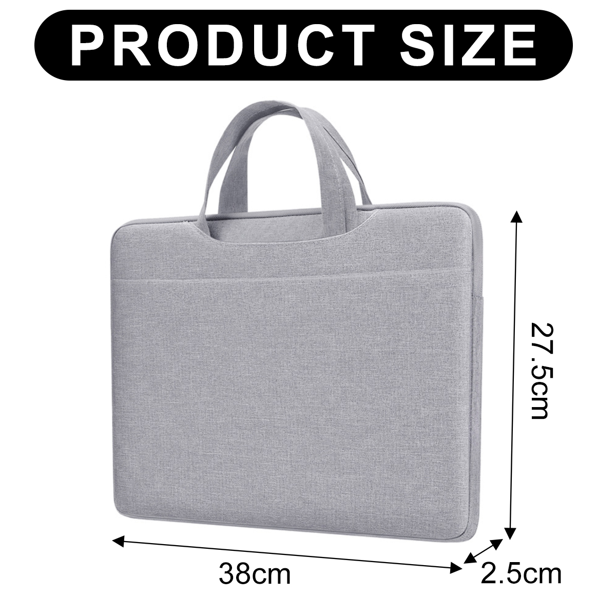 Eine graue Laptoptasche mit den Maßen: 38 cm Breite, 27,5 cm Höhe und 2,5 cm Tiefe. Der Text oben lautet 'PRODUCT SIZE'.