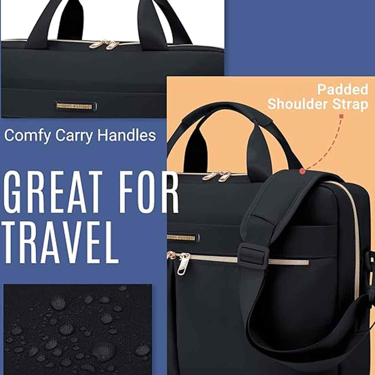 Eine schwarze Laptoptasche mit gepolstertem Schultergurt und bequemen Tragegriffen. Goldene Reißverschlüsse und Text: GREAT FOR TRAVEL.