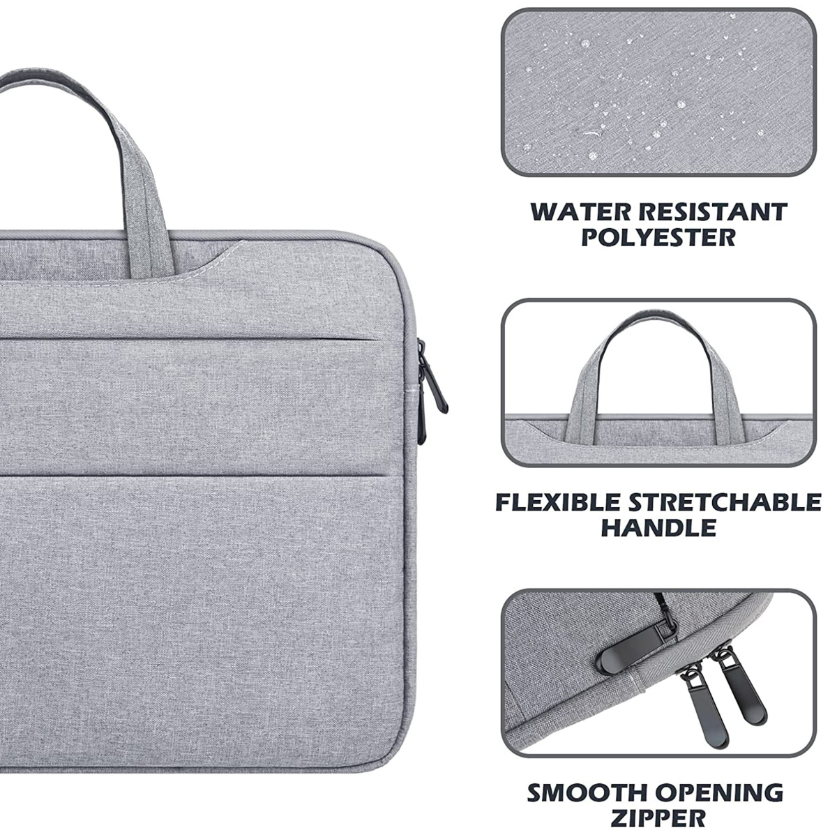 Eine graue Laptoptasche mit Griff und Reißverschlüssen, die wasserabweisendes Polyester, einen flexiblen Griff und einen glatten Reißverschluss zeigt.