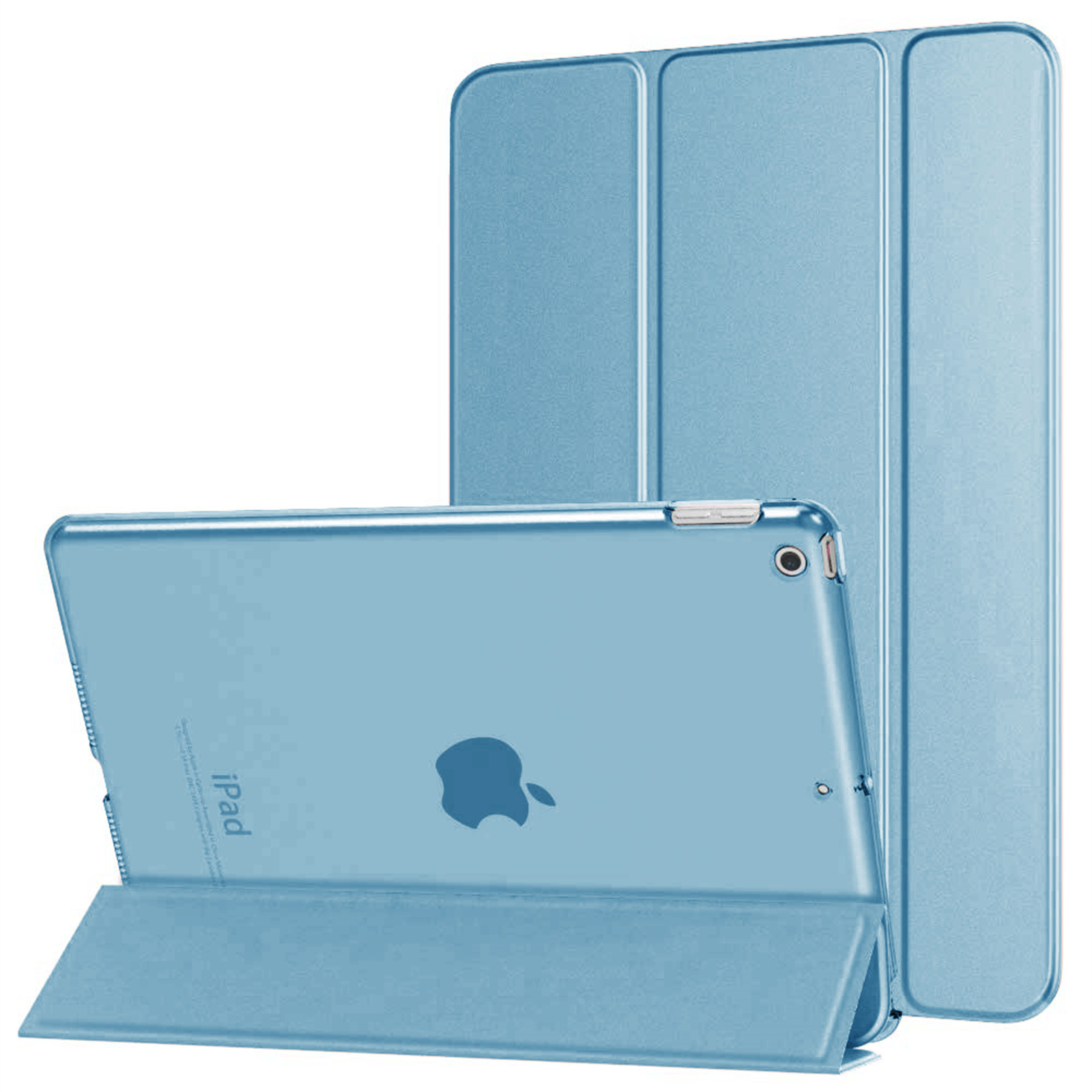 Ein hellblaues iPad in einer passenden Hülle. Das iPad wird geöffnet und geschlossen gezeigt, mit dem Apple-Logo.