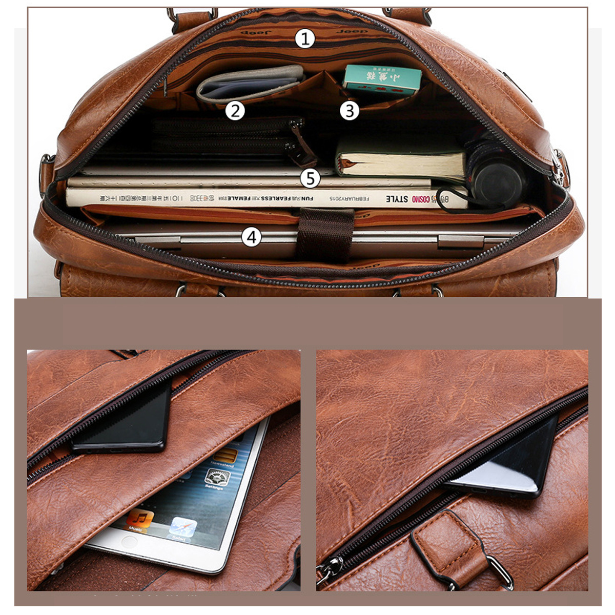 Offene braune Ledertasche mit mehreren Fächern. Enthält einen Laptop, Zeitschriften, eine Brieftasche, eine kleine Schachtel und andere Gegenstände.