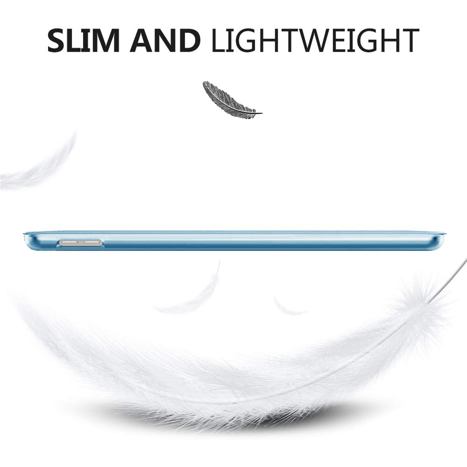 Das Bild zeigt ein blaues Telefon mit weißen Federn und dem Text 'SLIM AND LIGHTWEIGHT'.