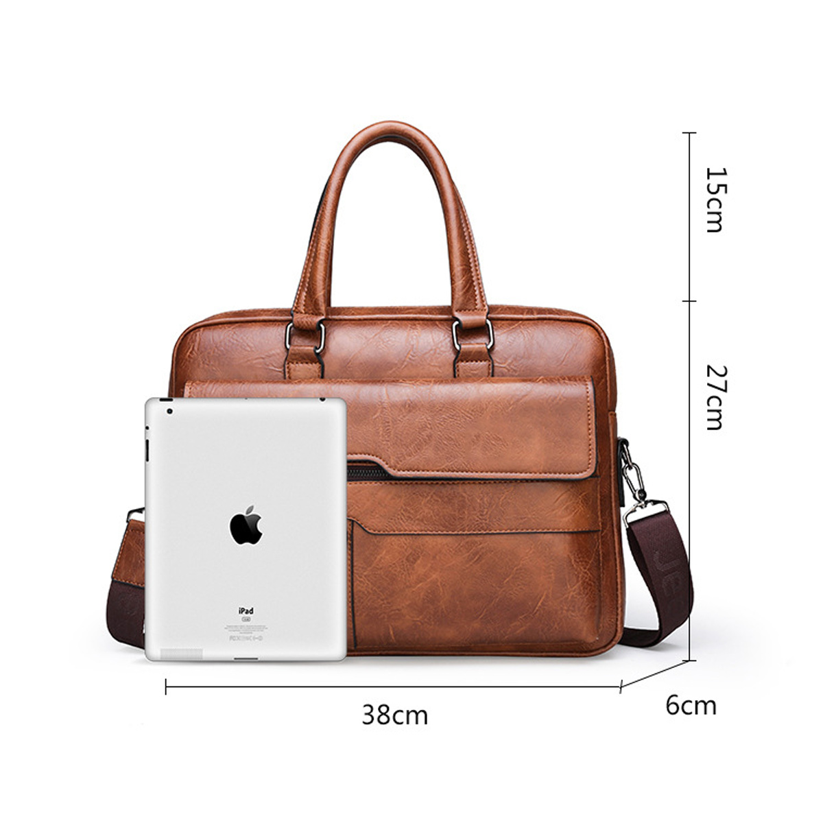 Eine braune Lederaktentasche mit einem iPad, Maße: 38 cm breit, 27 cm hoch, 6 cm tief und 15 cm für die Griffhöhe.