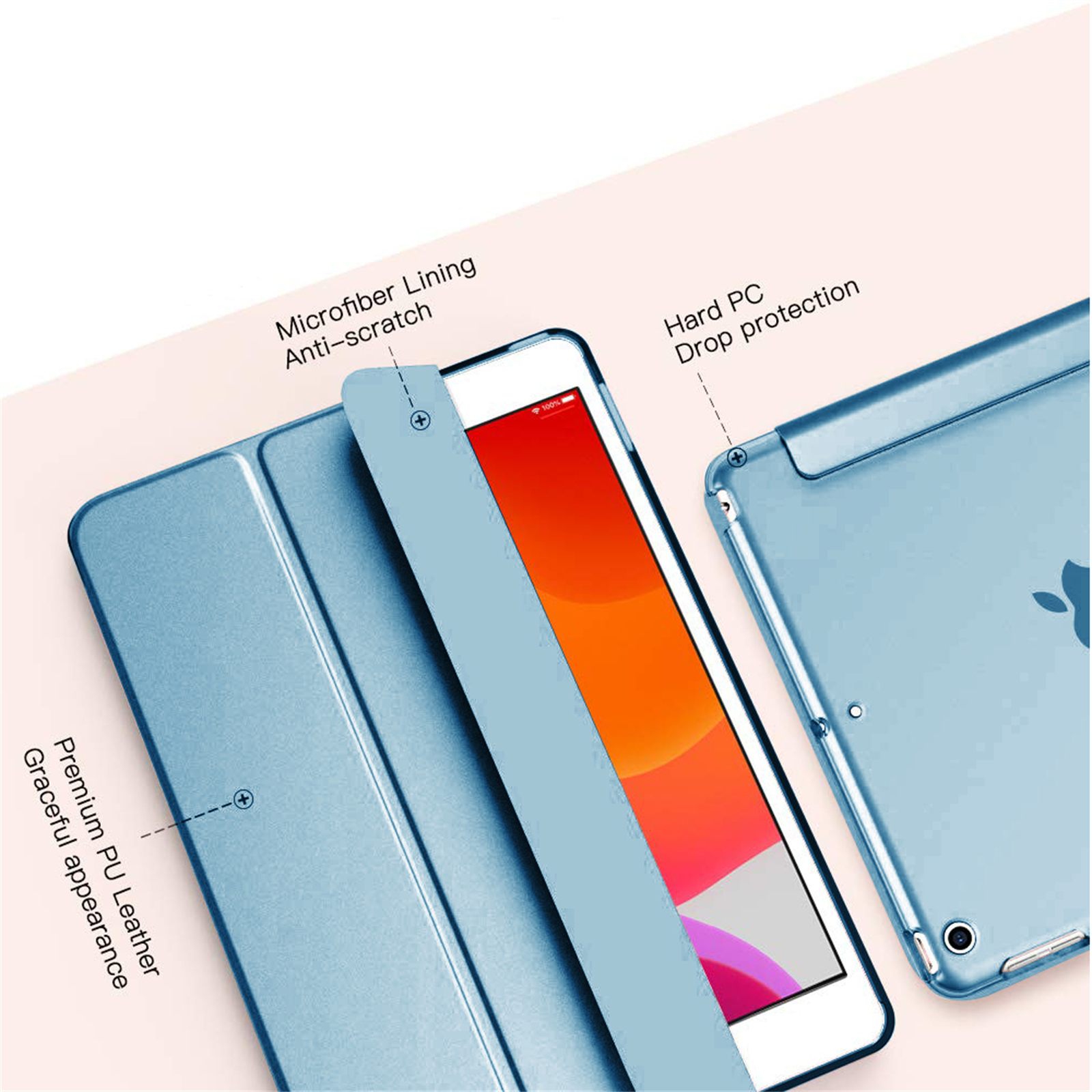 Eine blaue Tablet-Hülle mit einem iPad darin. Sie verfügt über ein Mikrofaserfutter und einen harten PC-Sturzschutz. Die Hülle besteht aus PU-Leder.