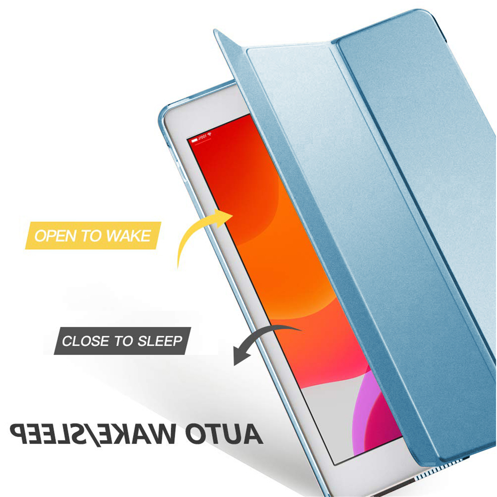 Ein Tablet mit blauem Cover wird gezeigt. Der Bildschirm zeigt eine bunte Oberfläche. Text zeigt 'Zum Aufwachen öffnen' und 'Zum Schlafen schließen'.