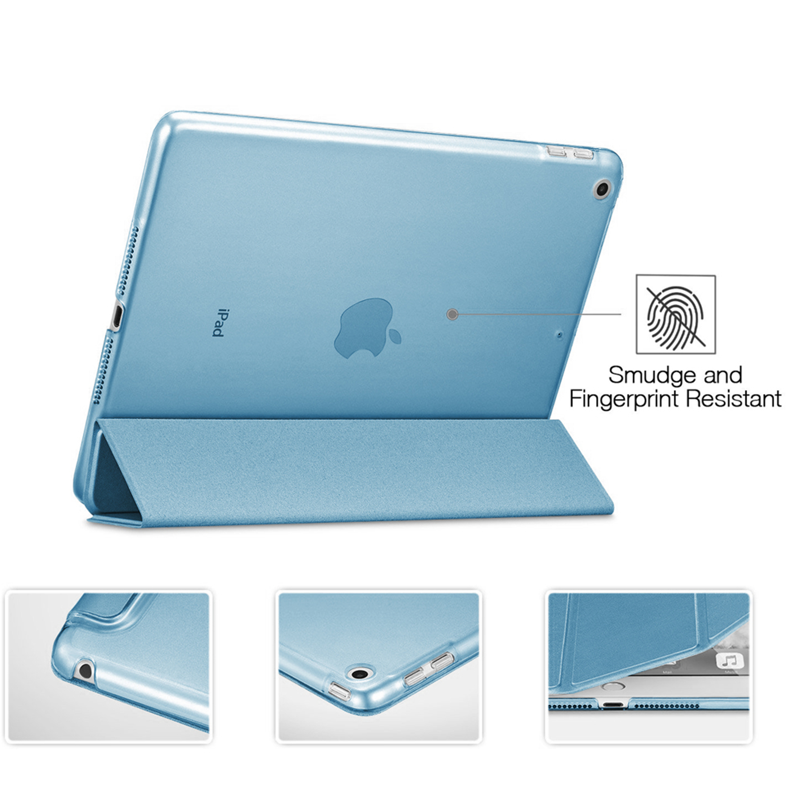 Blaues iPad mit passender Hülle. Die Hülle ist offen und zeigt den Bildschirm. Text „Fingerabdruckresistent“ ist zu sehen.