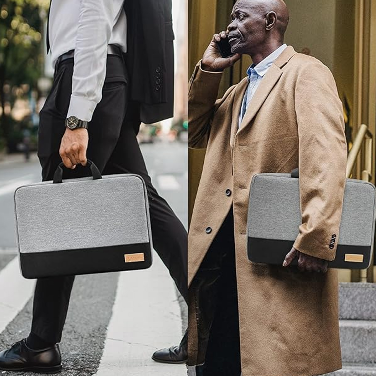 Zwei Männer halten graue und schwarze Laptoptaschen. Einer telefoniert. Beide tragen Businesskleidung und gehen im Freien.