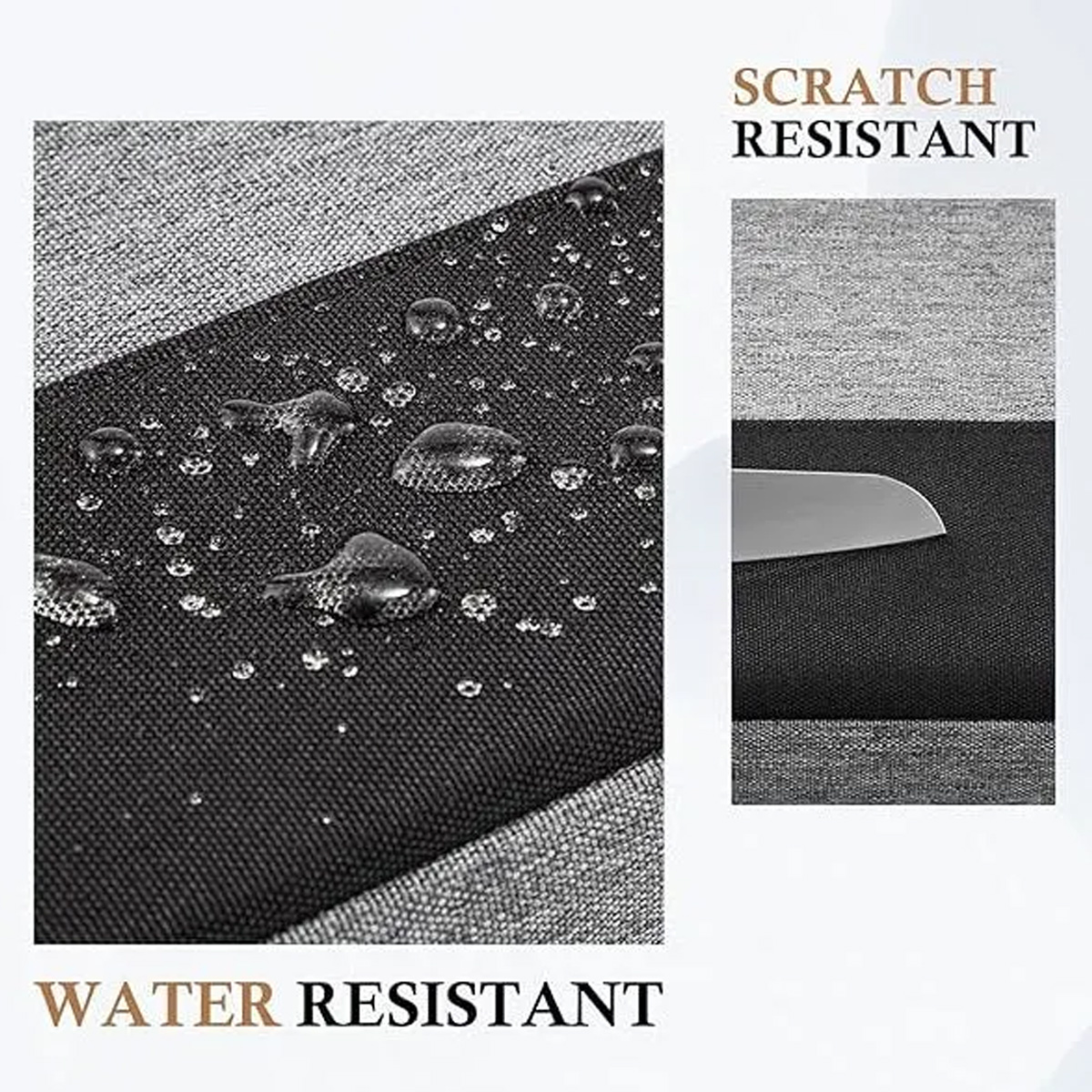 Nahaufnahme eines wasserabweisenden, schwarzen Materials mit Wassertröpfchen und Text, der 'wasserabweisend' und 'kratzfest' sagt.
