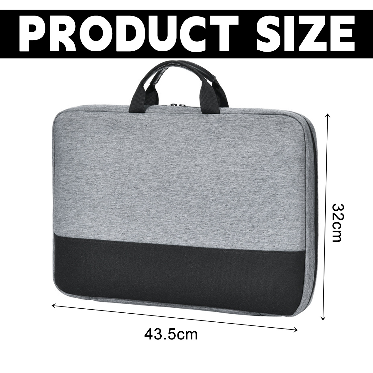 Eine graue Laptoptasche mit schwarzem Unterteil. Sie hat schwarze Griffe und den Text "PRODUCT SIZE". Abmessungen sind 43,5 cm x 32 cm.