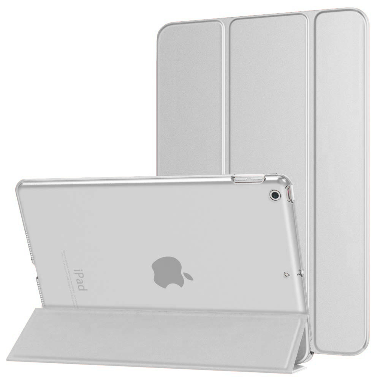 Silbernes iPad mit Hülle. Das iPad ist leicht geöffnet, mit dem Apple-Logo sichtbar. Daneben eine silberne Hülle.