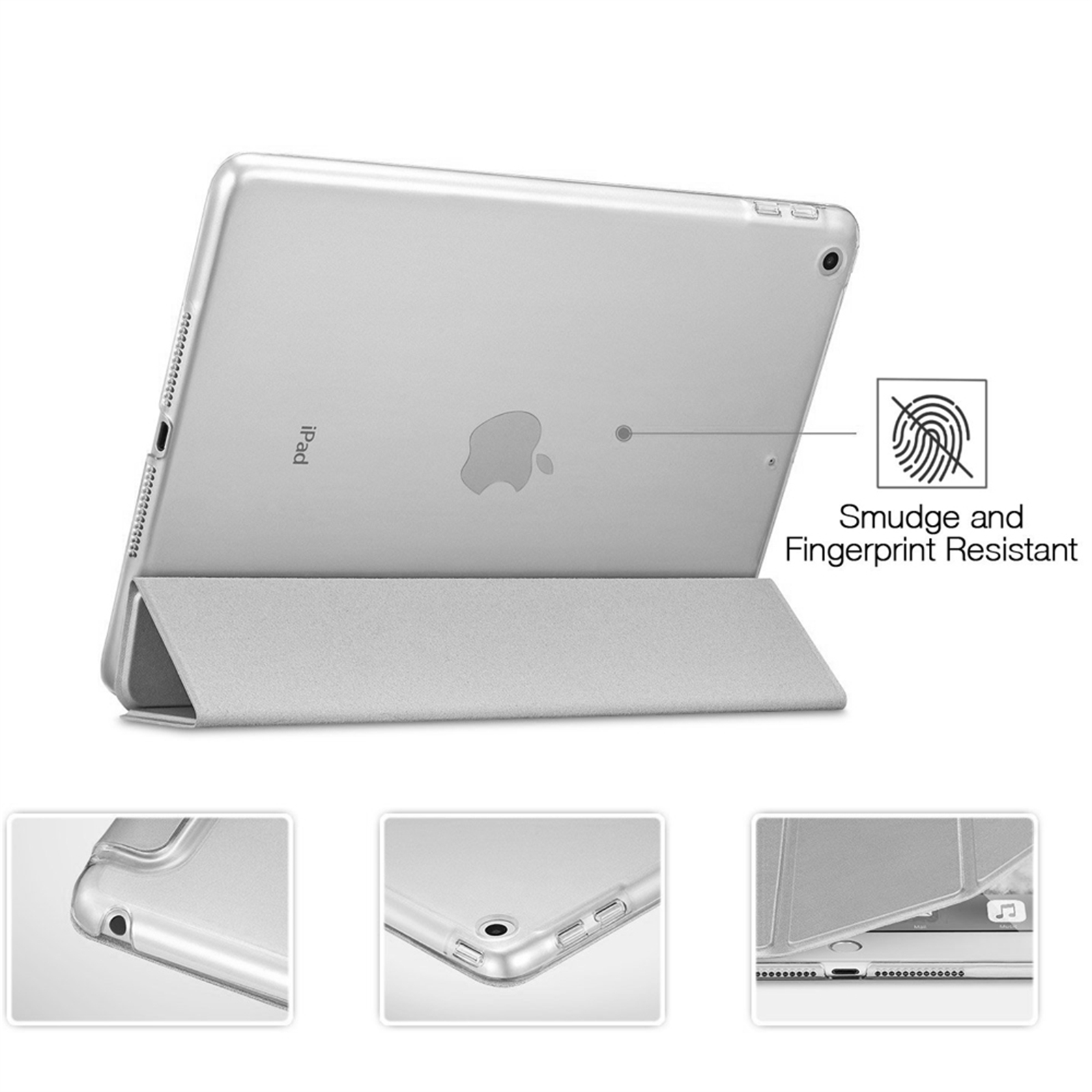 Silbernes iPad in einer Hülle mit Frontabdeckung. Die Hülle ist schmutz- und fingerabdruckresistent.