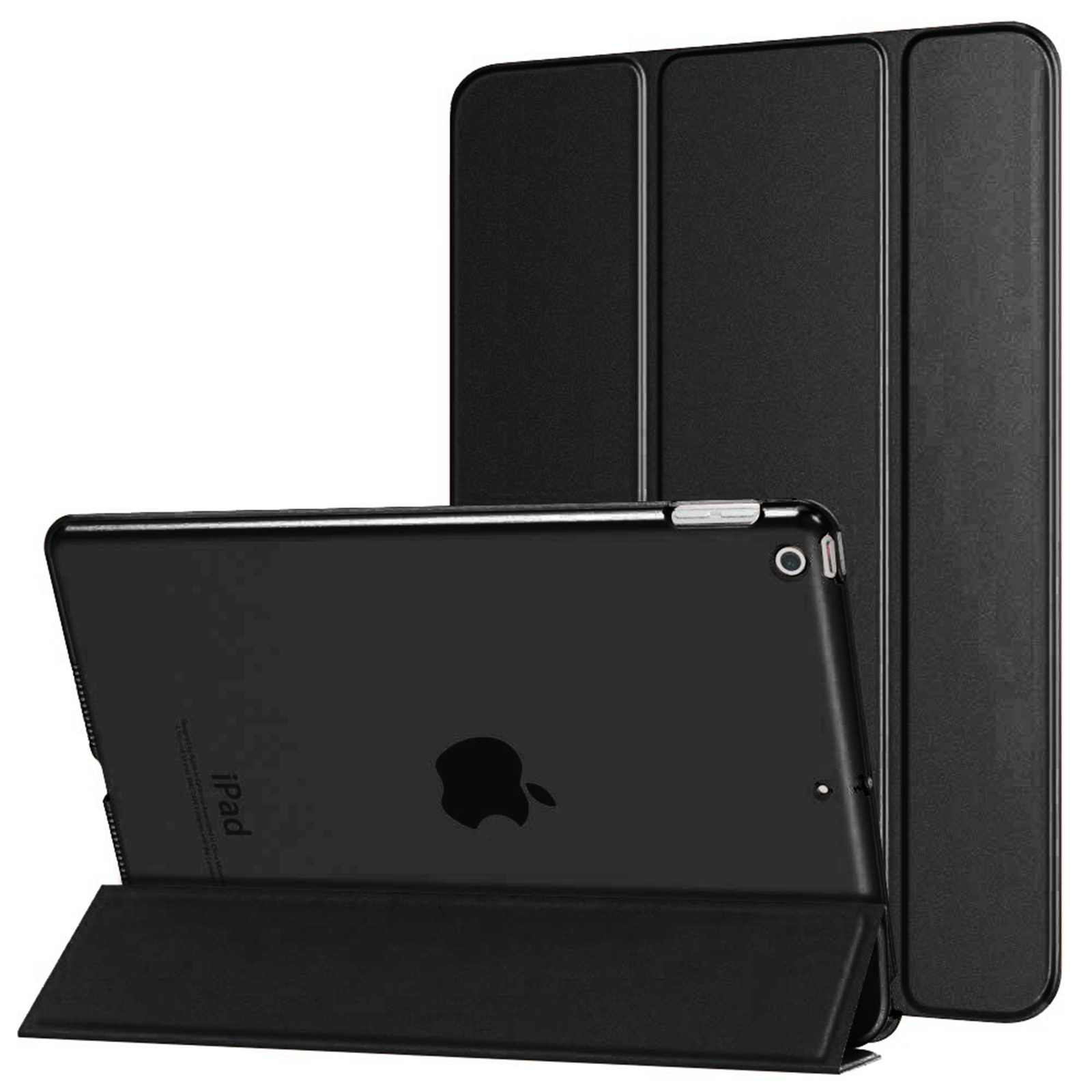 Schwarzes iPad in einer schwarzen Hülle. Die Hülle ist geöffnet, und das iPad ist leicht angewinkelt. Das Apple-Logo ist sichtbar.