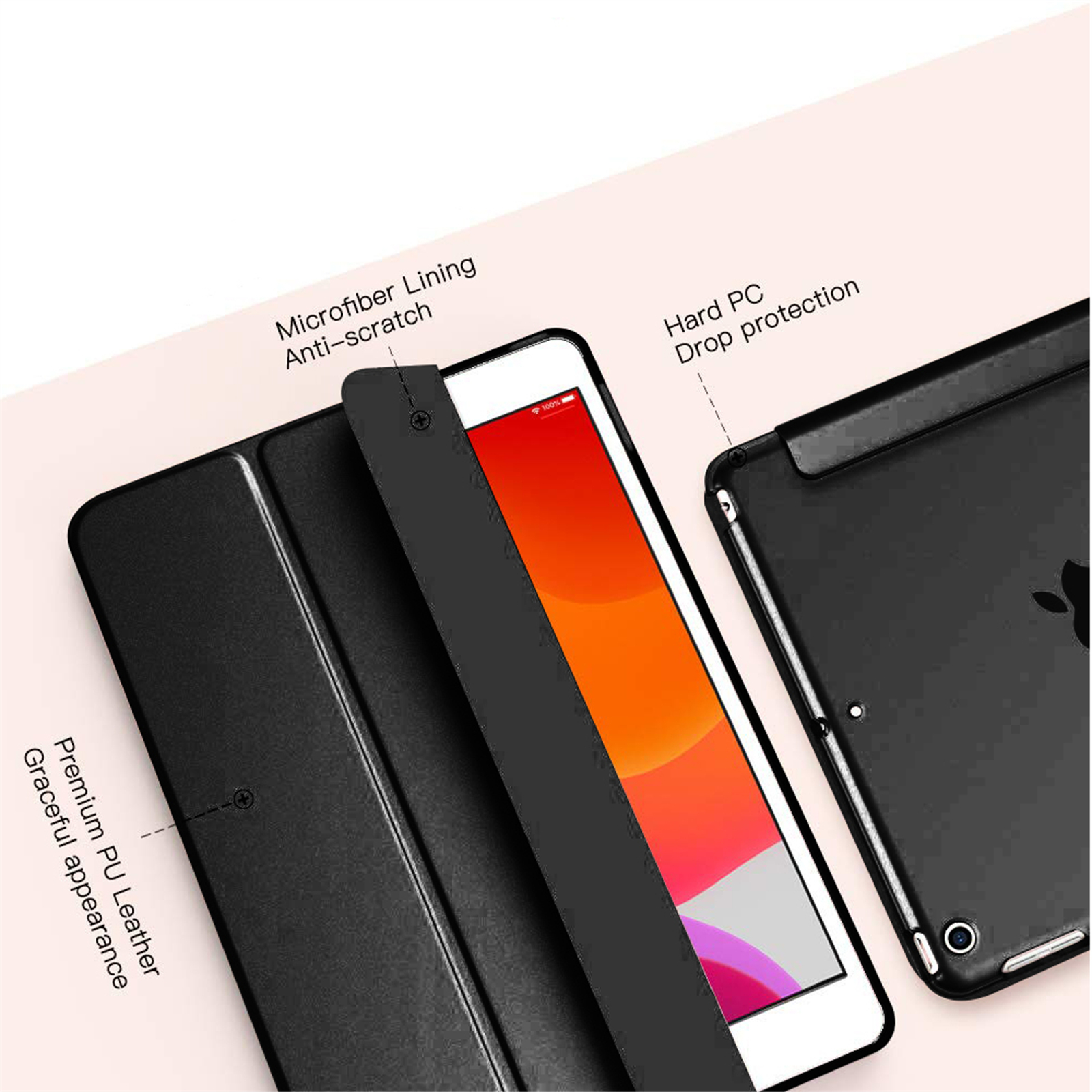 Schwarze Tablet-Hülle mit weißem Bildschirm, der einen orangefarbenen Farbverlauf zeigt. Merkmale sind Mikrofaserfutter und Hart-PC-Sturzschutz.