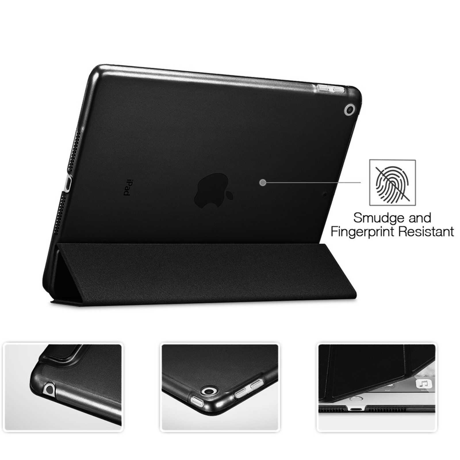 Schwarzes iPad in einer Hülle, zum Aufstellen gefaltet. Zeigt das Apple-Logo und einen Text, der besagt, dass es schmutz- und fingerabdruckresistent ist.