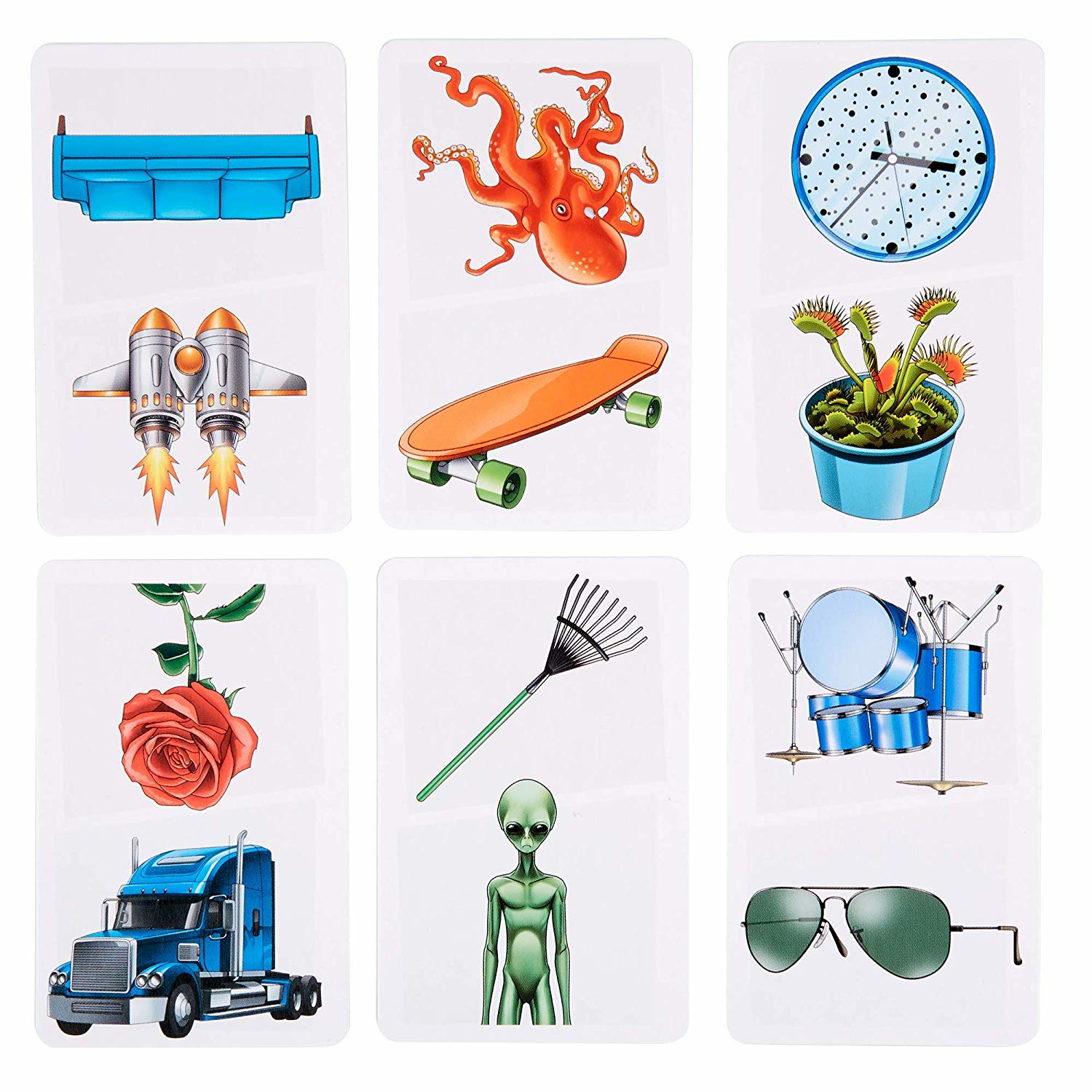 Karten mit blauem Sofa, Rakete, Oktopus, Skateboard, Uhr, Venusfliegenfalle, Rose, LKW, Rechen, Alien, Schlagzeug und Sonnenbrille.