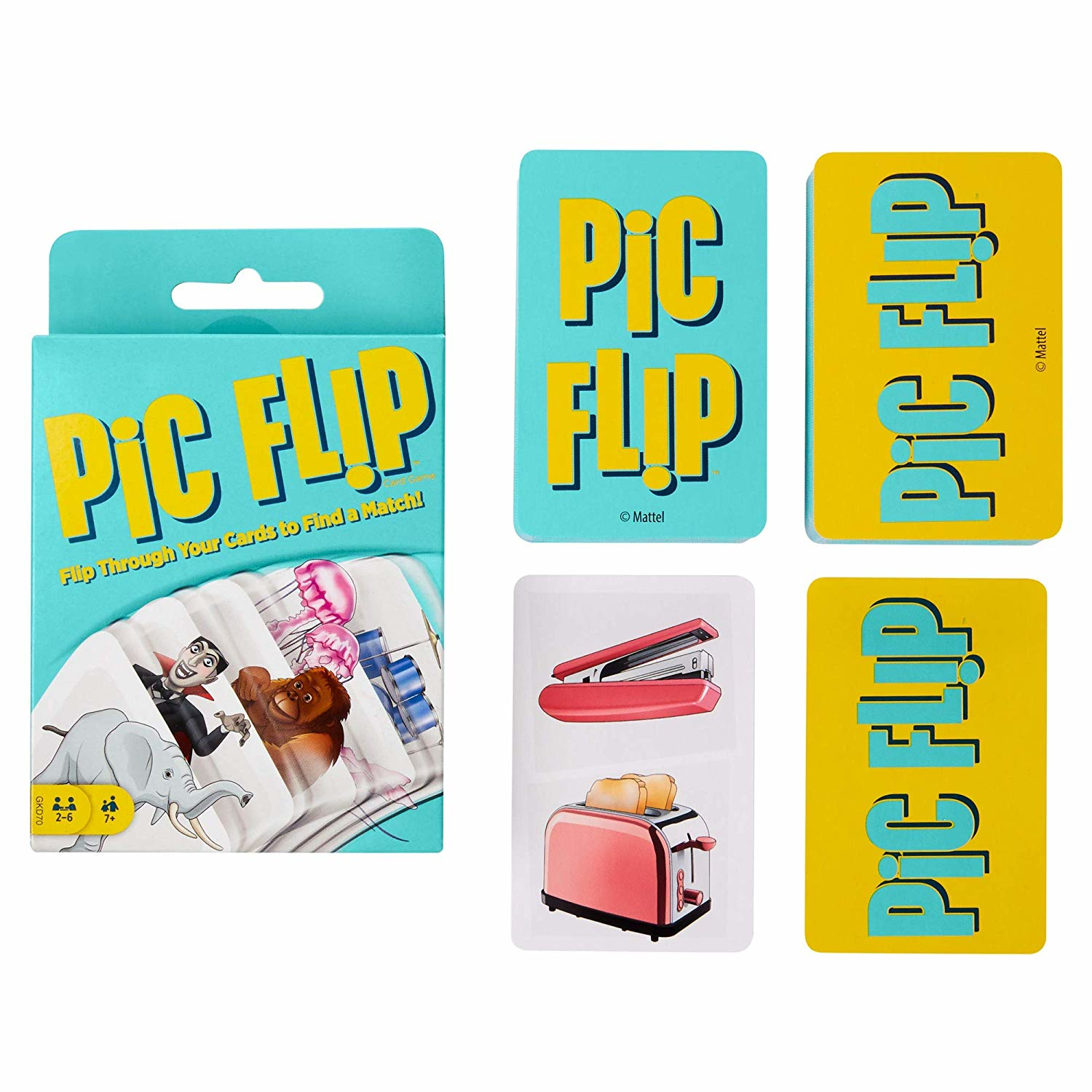 Eine Pic Flip-Kartenspielbox und -Karten werden angezeigt. Die Box und die Karten zeigen das Logo des Spiels und verschiedene Illustrationen.