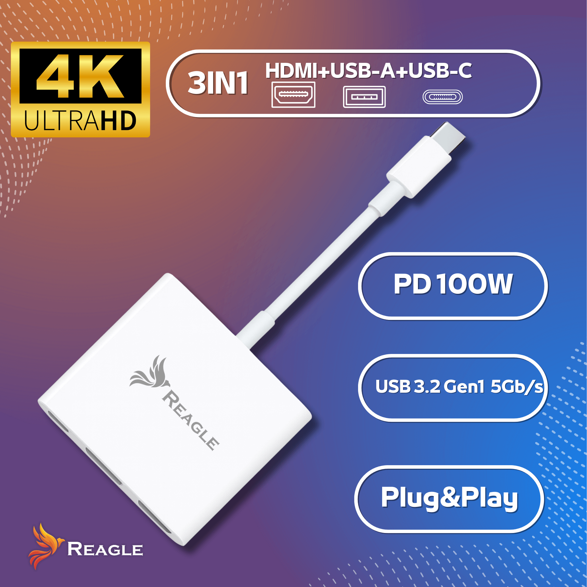 Biały adapter USB-C 3 w 1 z portami HDMI, USB-A. Funkcje: 4K Ultra HD, PD 100W, USB 3.2 i Plug & Play.