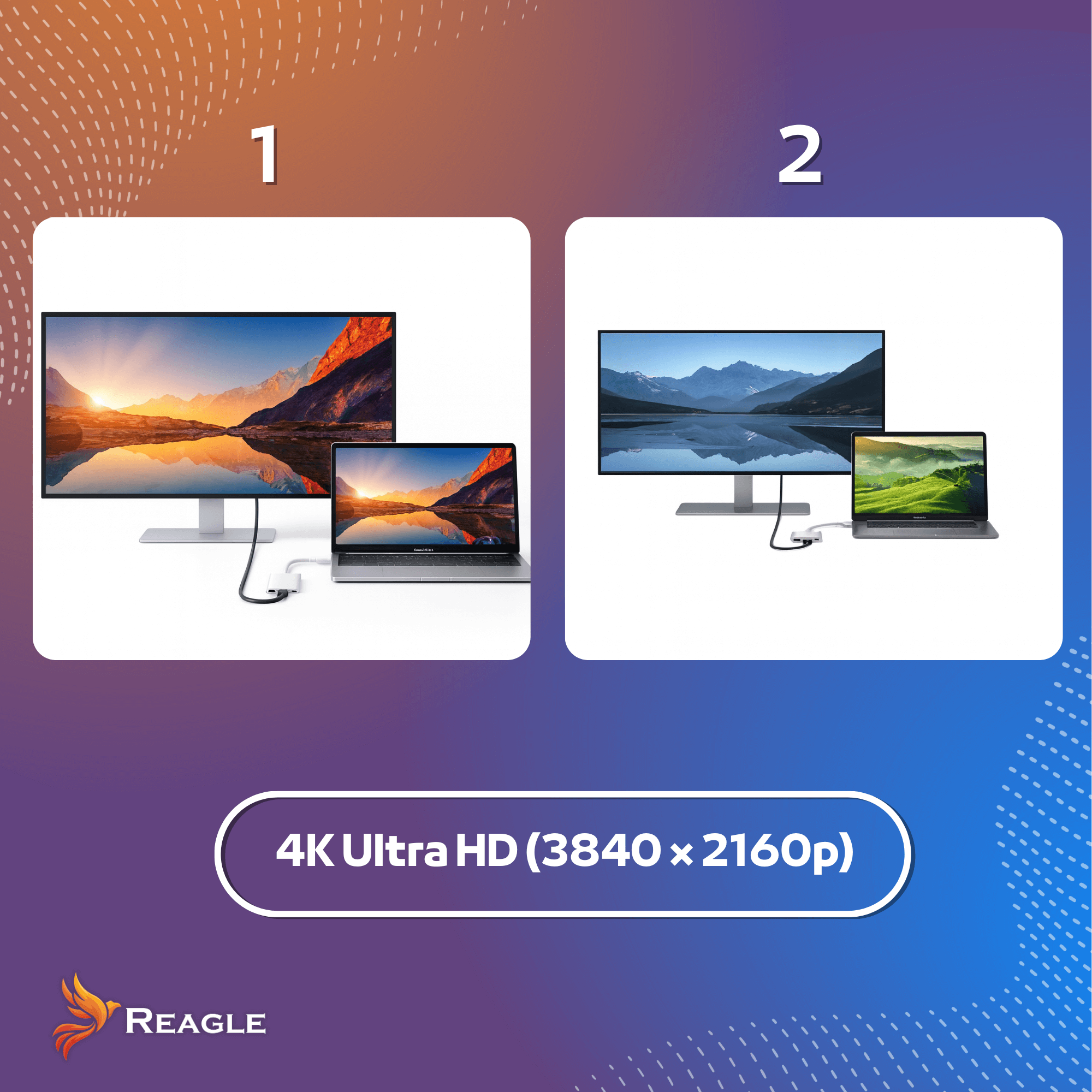 Dwa monitory i laptopy wyświetlają krajobrazy. Jeden z górami, a drugi ze sceną zachodu słońca. Oba są podłączone.