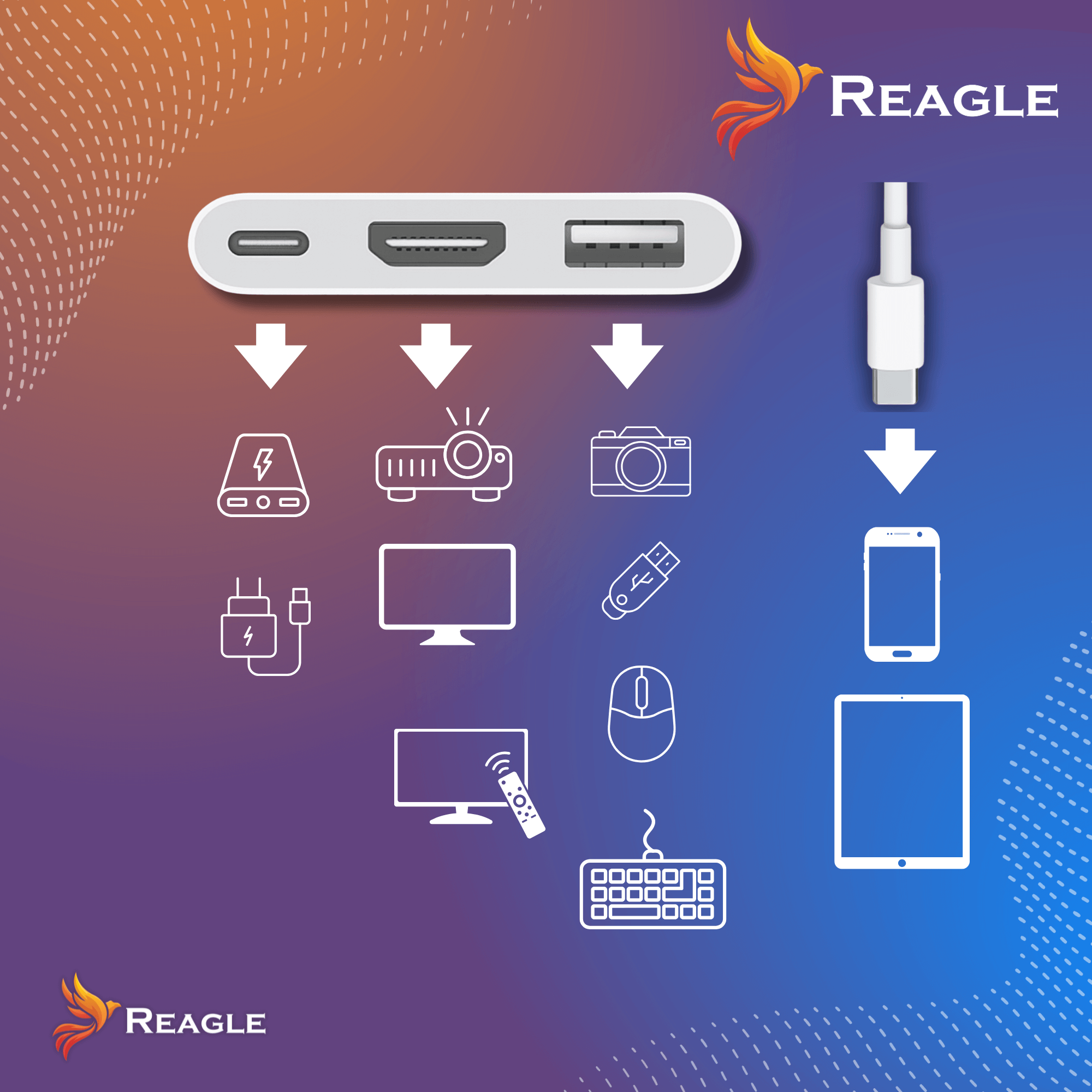 Biały hub z portami, ikony poniżej wskazują urządzenia, jak ładowarka, projektor, aparat i telefon. Logo Reagle na górze.