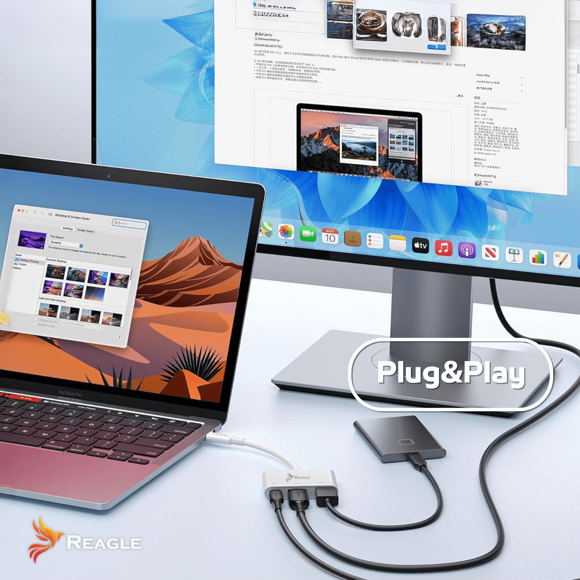 Laptop, monitor i hub są połączone. Laptop pokazuje pustynną tapetę. Obecna jest etykieta 'Plug&Play'.
