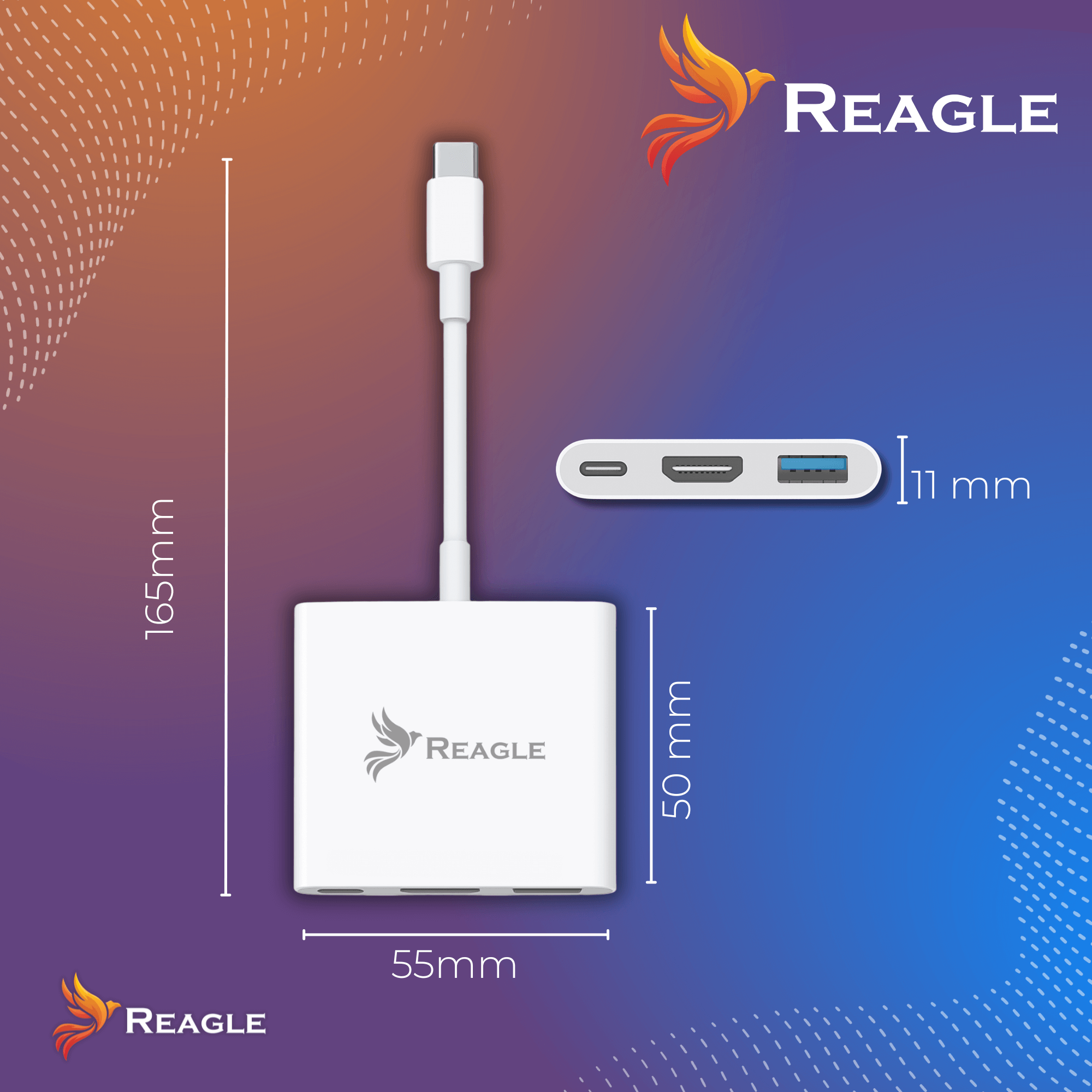 Biały hub USB-C Reagle z portami, wymiary: 165 mm, 55 mm, 50 mm i 11 mm. Tło z gradientem od niebieskiego do pomarańczowego.