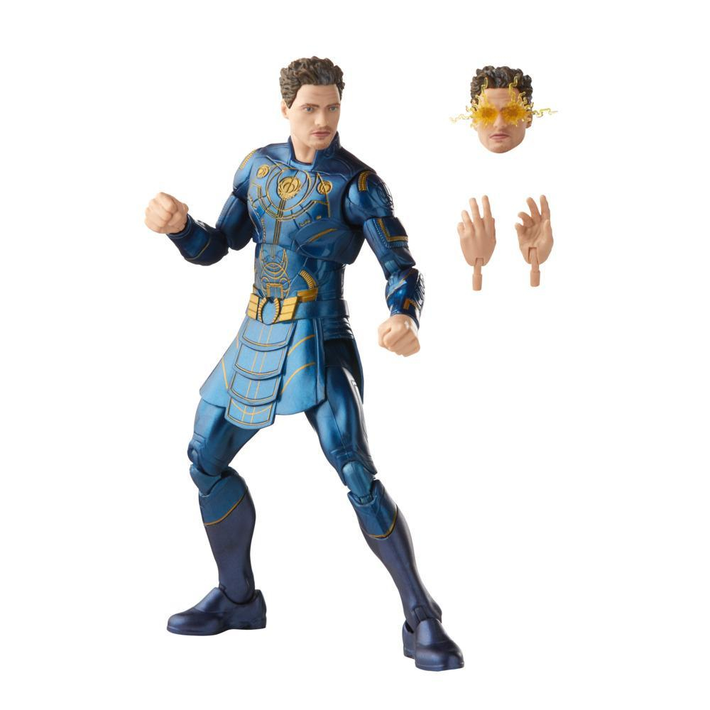 Action figure di un uomo in costume blu con dettagli dorati. Include testa, mani ed effetto energia alternativi. Sfondo bianco.