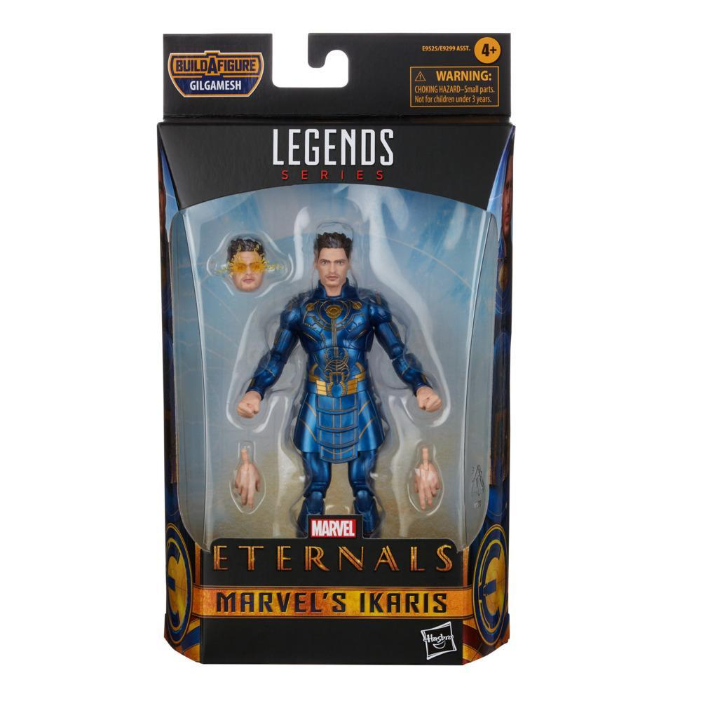 Un personaggio d'azione Marvel's Eternals di Ikaris in una scatola. Il personaggio è blu e oro. La scatola ha il logo Marvel Legends Series.