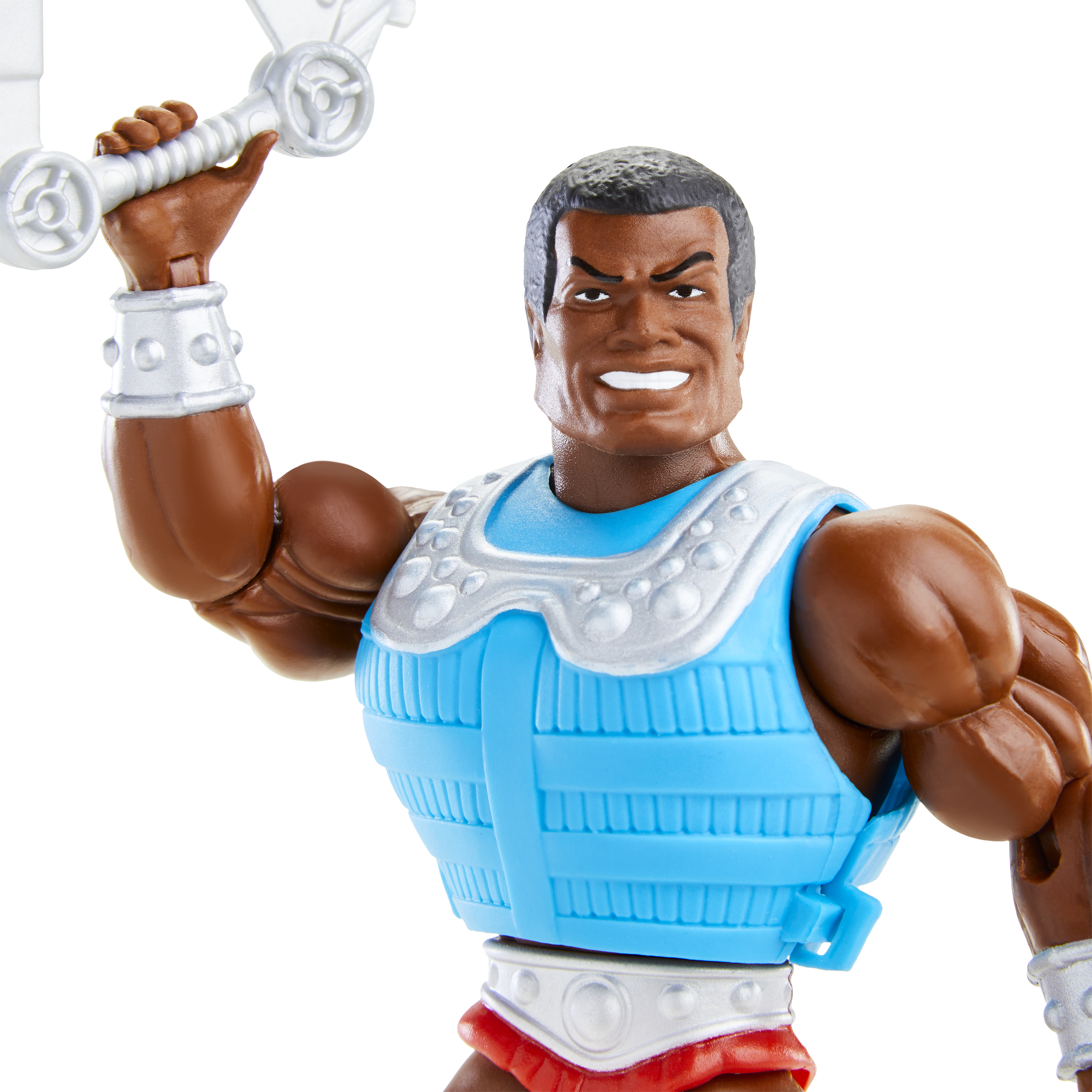Actionfigur eines schwarzen Mannes mit blauer Weste und silberner Waffe. Er lächelt und hält die Waffe hoch.