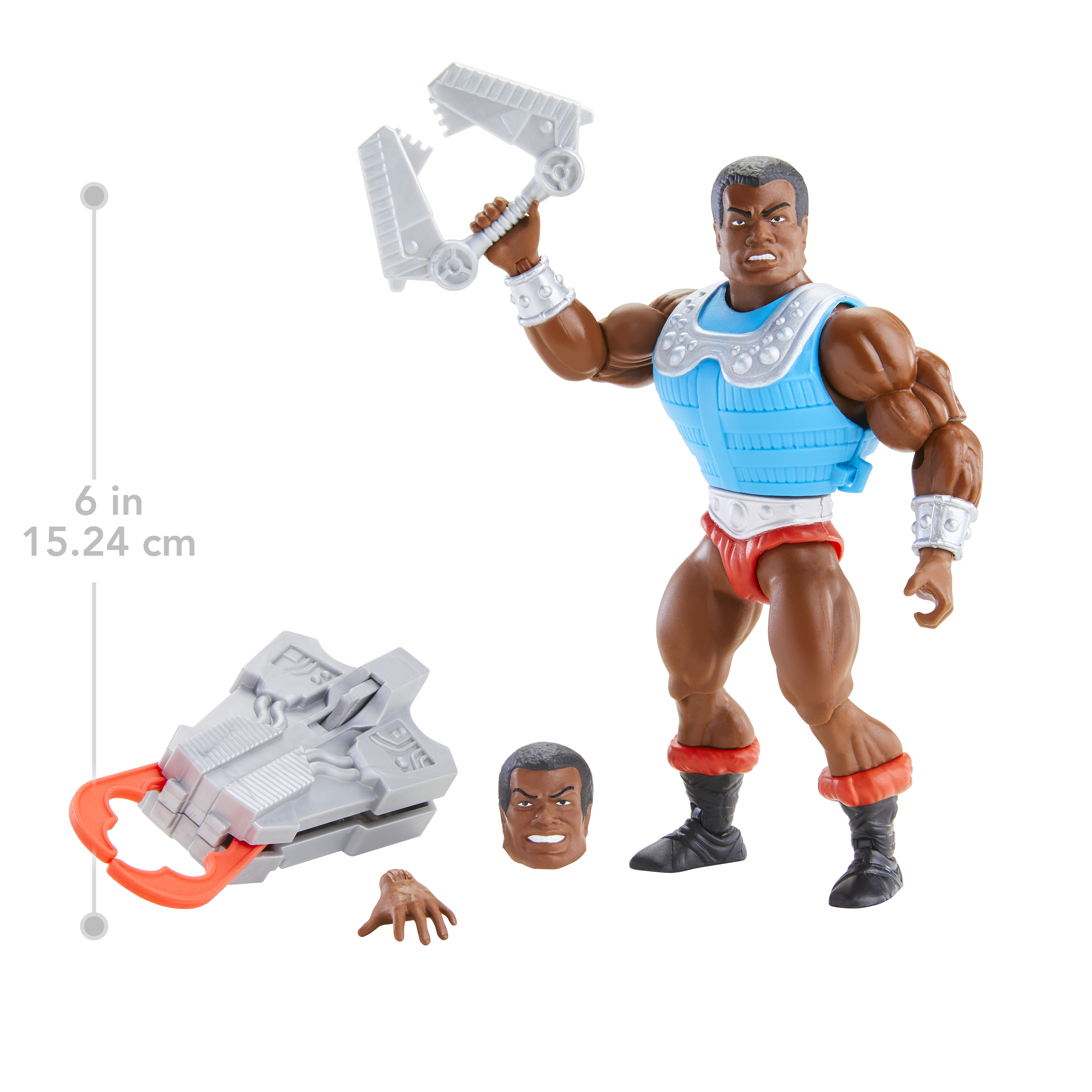 Actionfigur eines Mannes, der eine silberne Klaue hält. Enthält zusätzlichen Kopf, Hand und Klaue. Er trägt Blau, Rot und Silber.