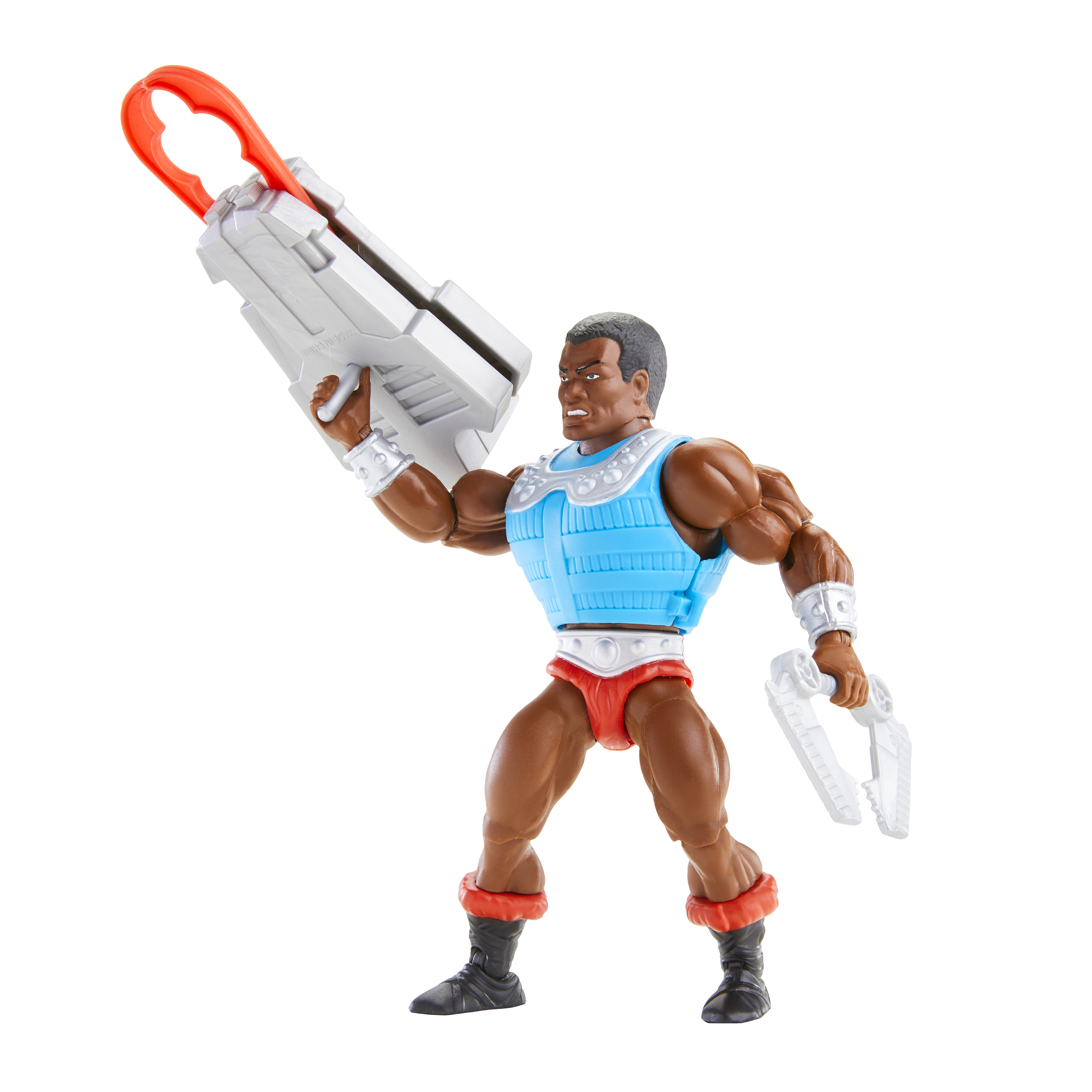 Actionfigur eines muskulösen Mannes, der eine graue Waffe mit orangefarbenem Griff und weißer Klaue hält.
