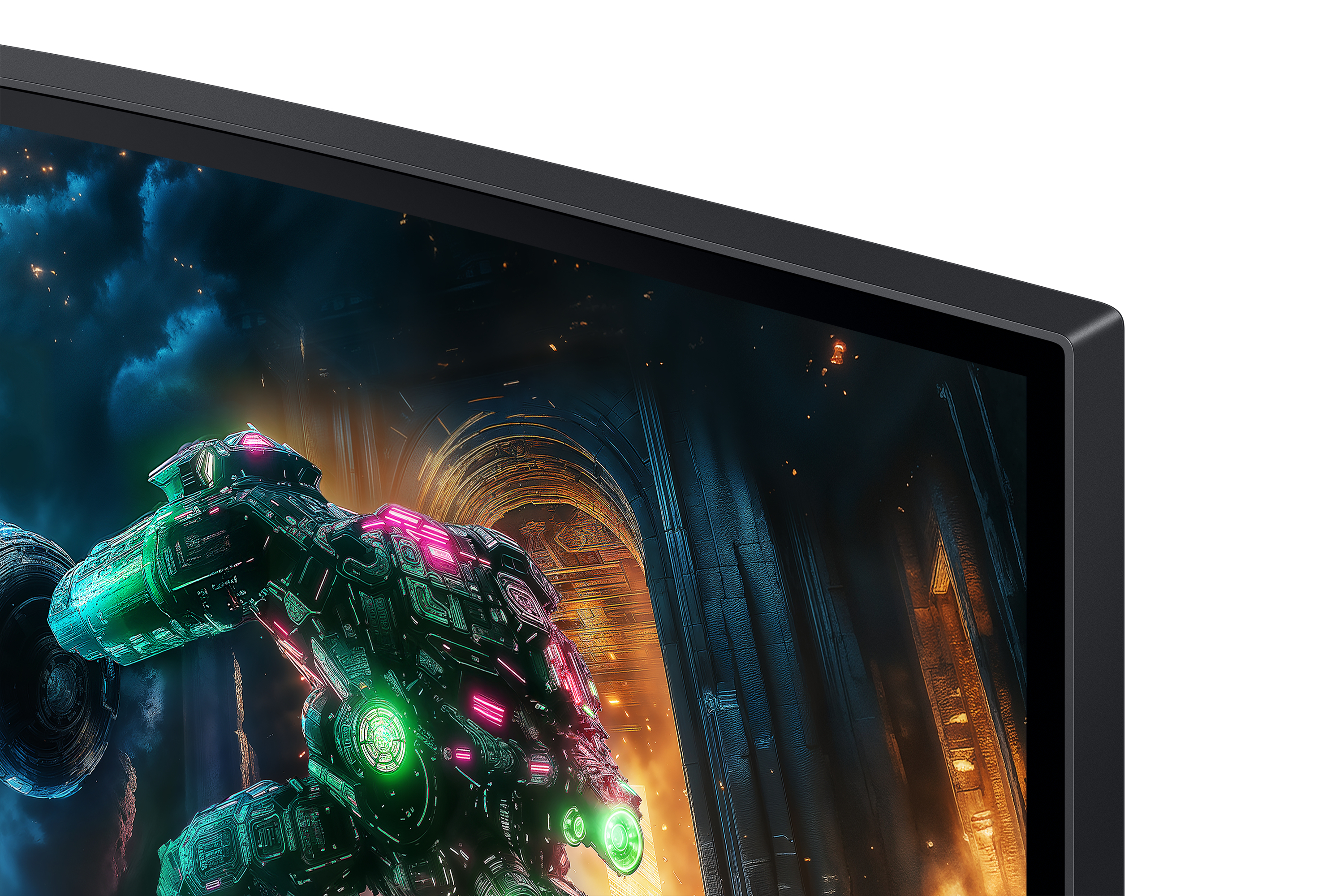 Monitor wyświetla futurystyczny statek kosmiczny na ciemnym tle z łukami i świecącymi światłami, szczegółowy i żywy.