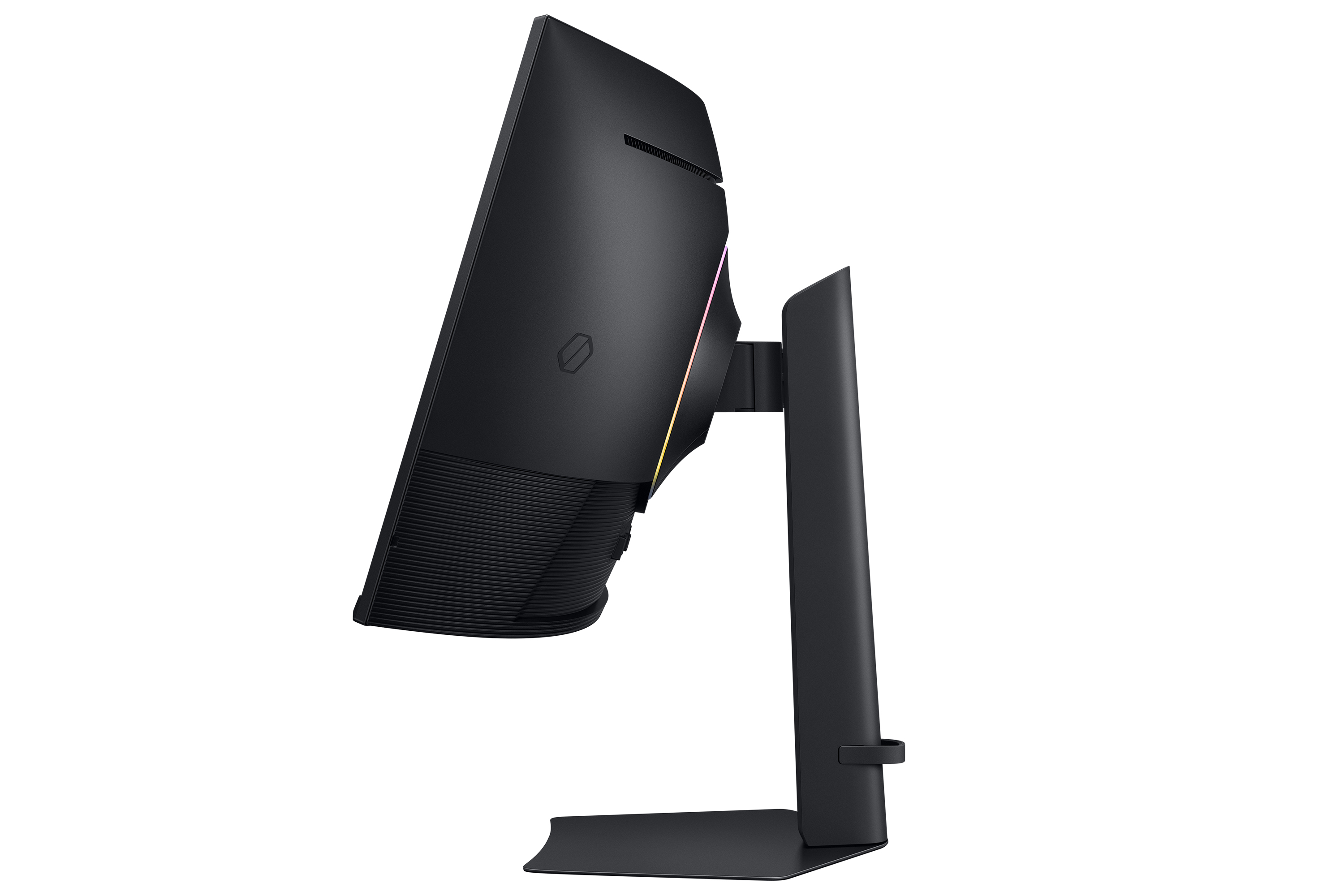 Czarny zakrzywiony monitor komputerowy pokazany z boku na białym tle, pokazujący jego podstawę.