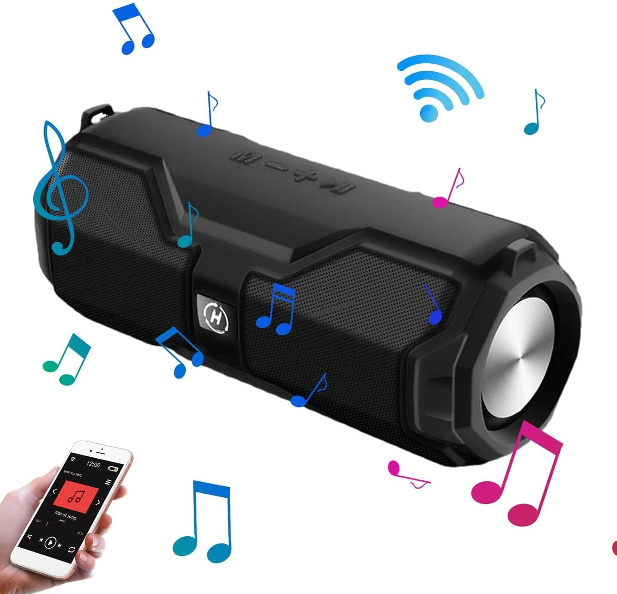 Ein schwarzer Lautsprecher mit Noten. Ein Telefon zeigt die Musik an. Ein WLAN-Symbol ist ebenfalls vorhanden.
