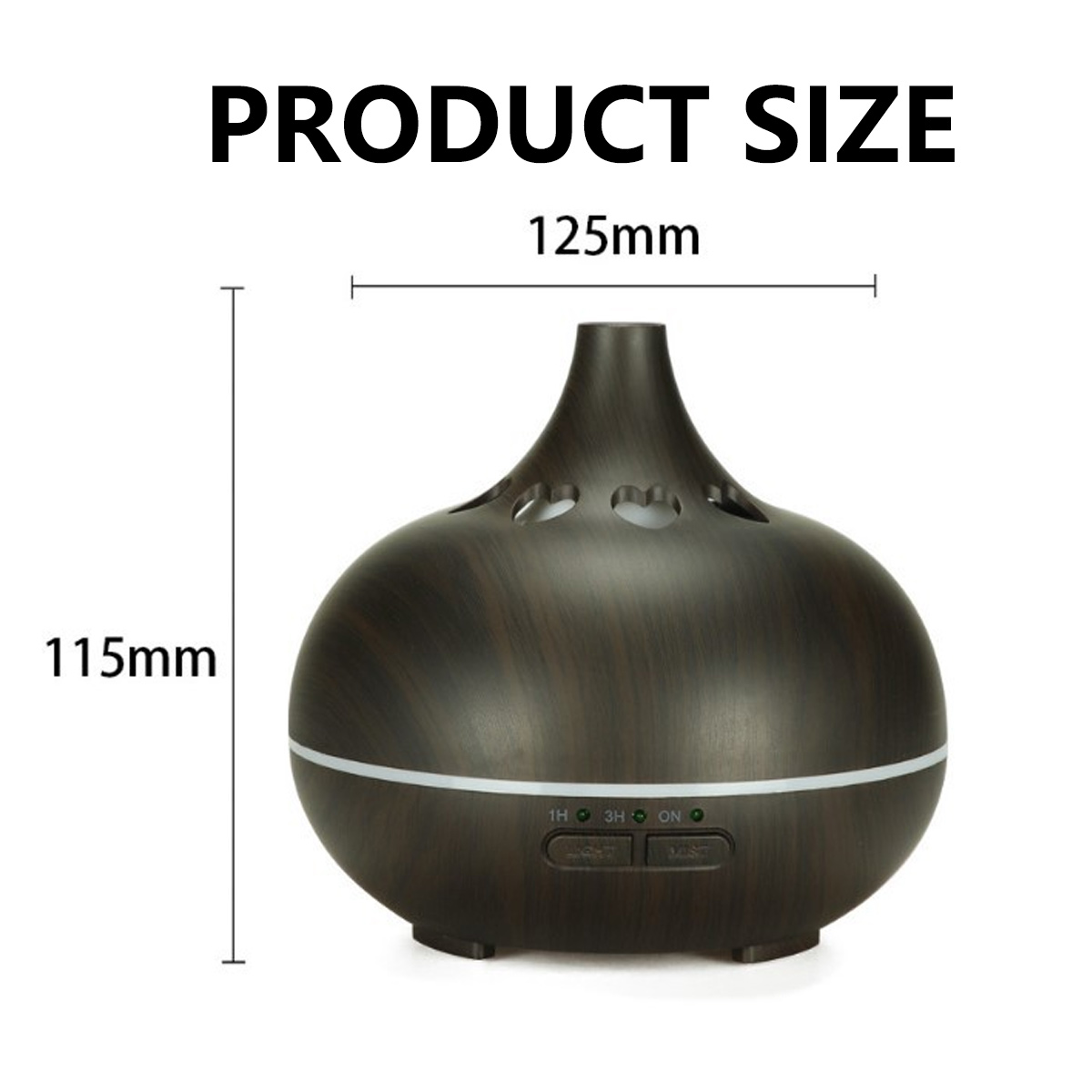 Ein brauner Diffusor für ätherische Öle mit Produktgrößenangaben: 125 mm breit und 115 mm hoch. Hat Bedienelemente und ein Licht.