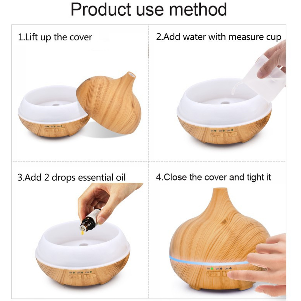 Diagramm zur Verwendung eines ätherischen Öl-Diffusors: Deckel anheben, Wasser hinzufügen, Öl hinzufügen, Deckel schließen. Holzsockel, weißer Deckel.