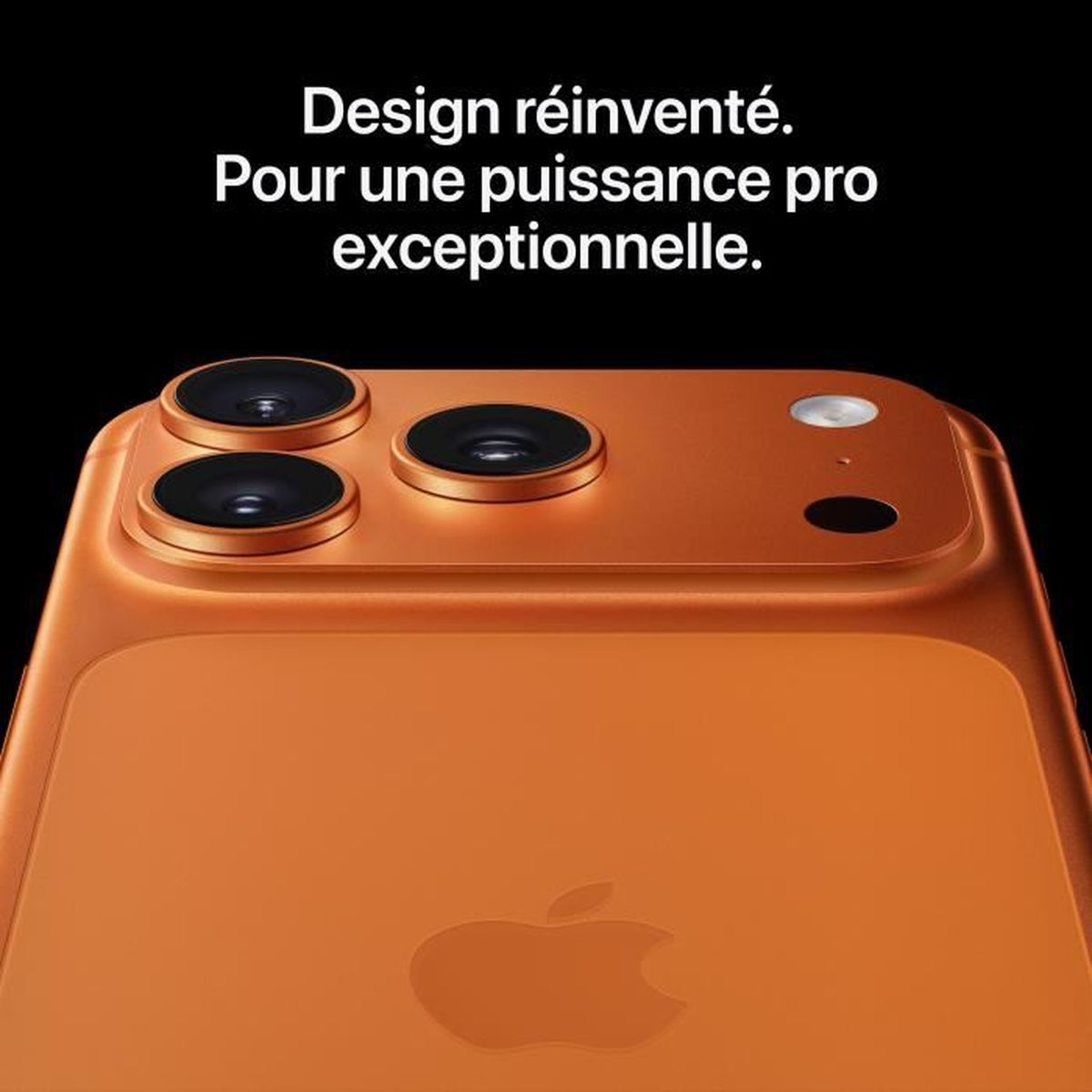 Pomarańczowy telefon z trzema obiektywami, logo Apple i francuskim tekstem: 'Przeprojektowany design. Dla wyjątkowej mocy pro.'