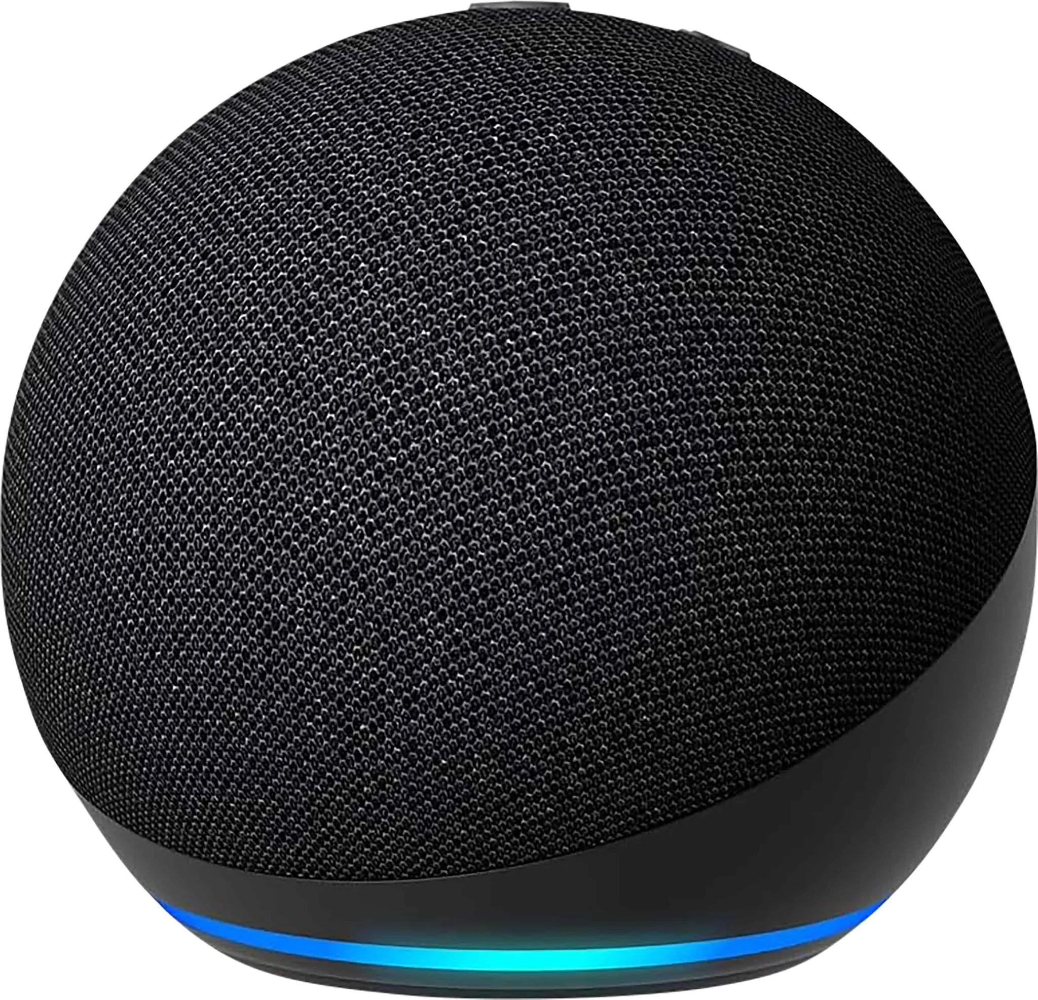Ein schwarzer, kugelförmiger Smart-Lautsprecher mit Mesh-Abdeckung. Am unteren Rand befindet sich ein blauer Lichtstreifen.