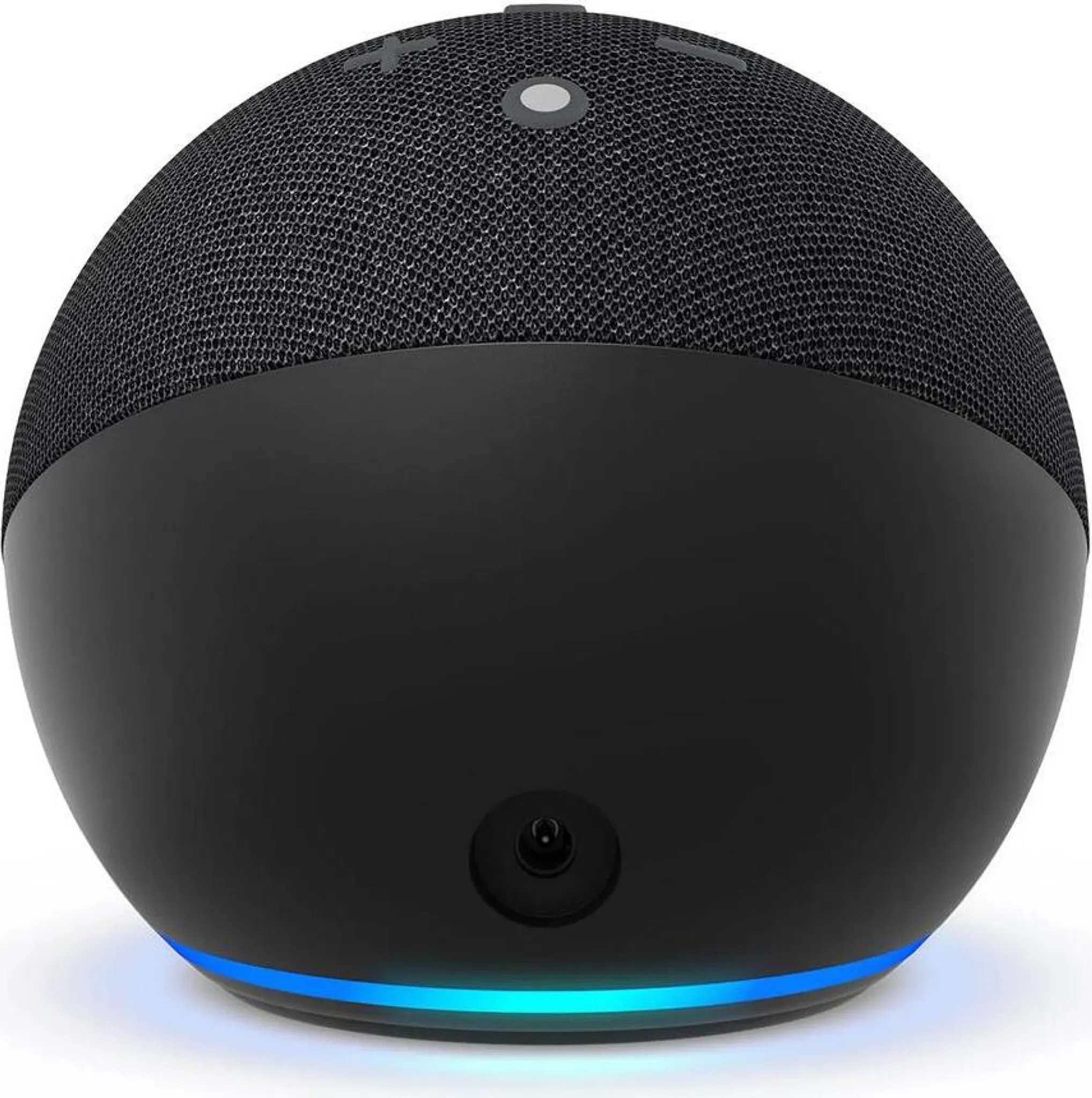 Ein schwarzer, kugelförmiger Smart Speaker mit einem Mesh-Top und einem blauen Licht am Sockel.