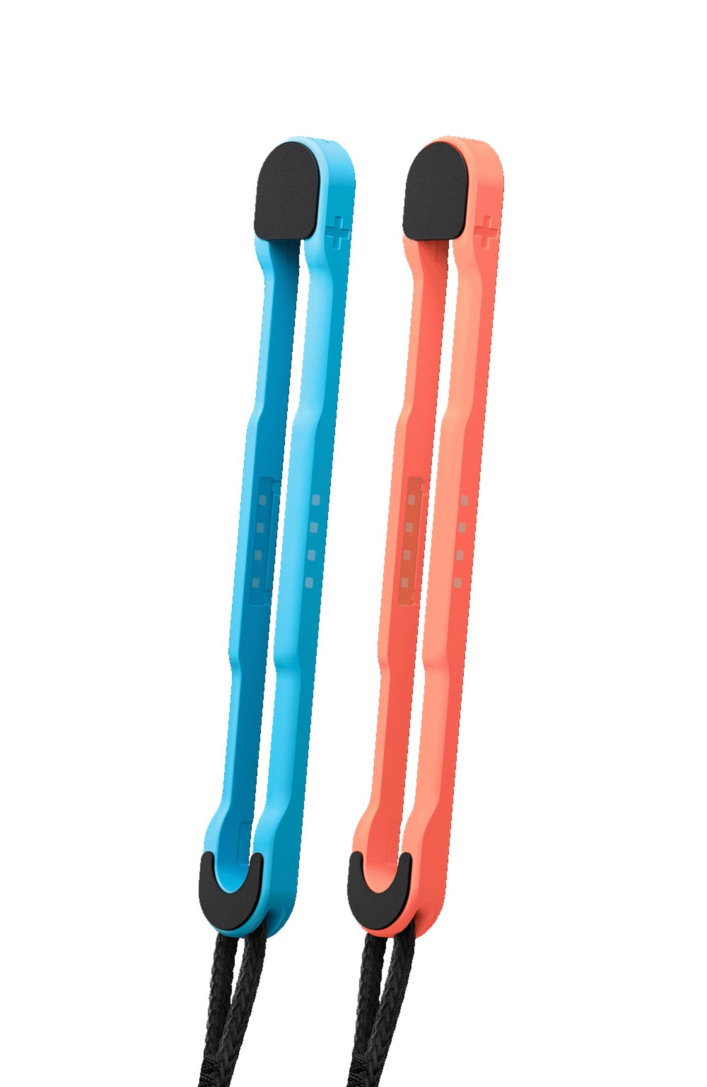 Due cinturini Joy-Con, uno blu e uno arancione, con cordini neri, su sfondo bianco.