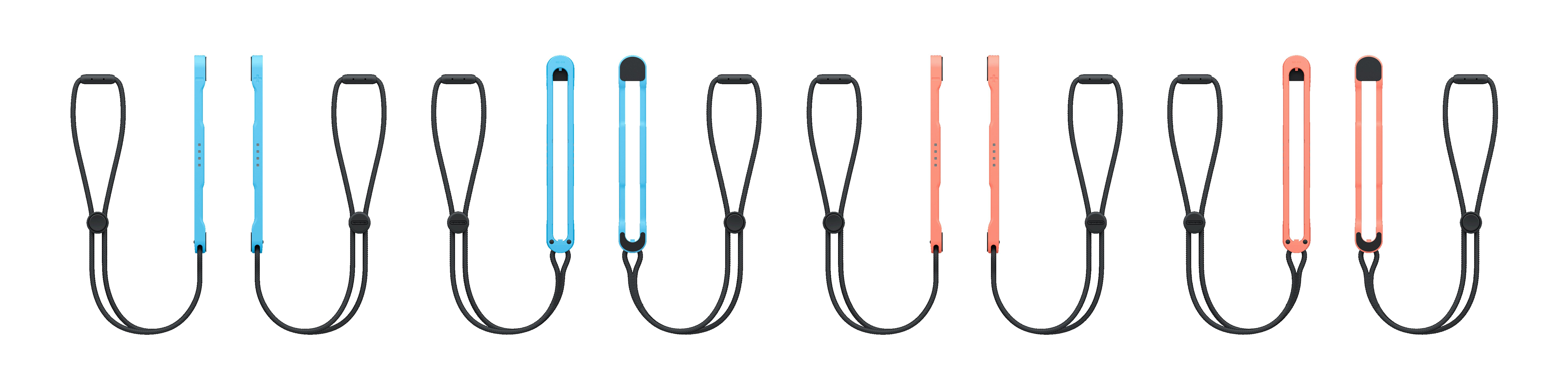 Una fila di dieci cinturini per controller di gioco in diversi colori. Cavi neri con attacchi blu e corallo.